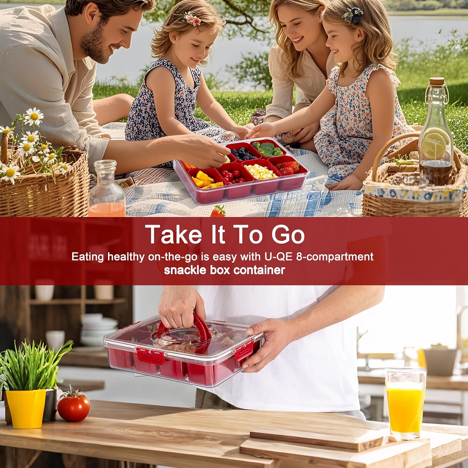 U-QE Dishwasher Safe Snackle Box Container with 8 Small Snacks Box - Premium Red Plastic Divided Serving Tray with Lid and Handle for Snack, Veggie, Fruits, Perfect for Party, Picnic, Entertaining