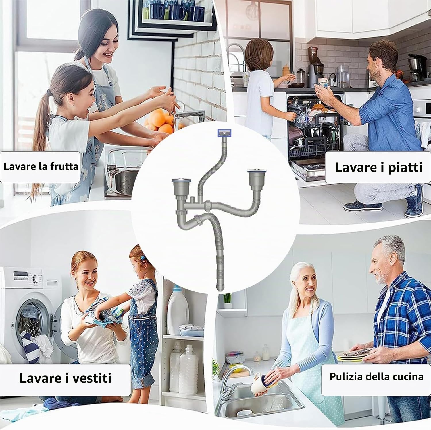 Tubo di Scarico per Lavello da Cucina, Sifone per Doppio Lavello, Sifone Antiodore Regolabile Individualmente, Sifones per Lavello con Collegamento a Lavastoviglie, per il Bagno Domestico Moderno
