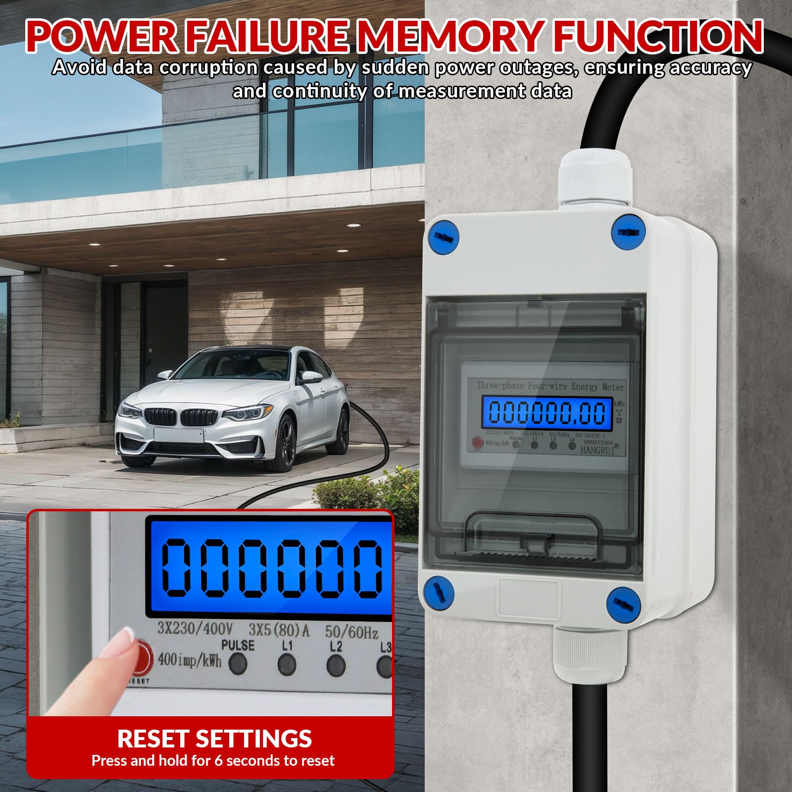 Mobiler Digitaler Stromzähler 32A 230V IP65 Wasserdicht, KWH Messgerät mit CEE-Stecker, LED-Anzeige & Reset-Taste für Wohnmobile, Elektrofahrzeuge, Haushalt & Outdoor