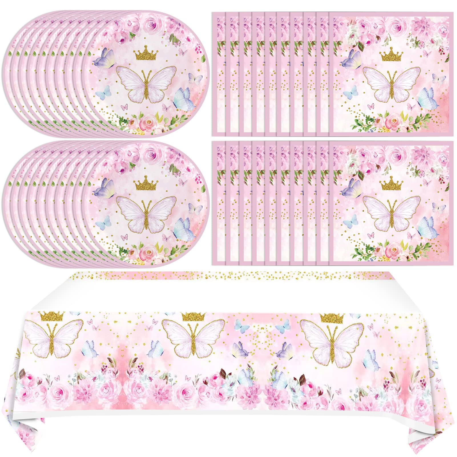 families Butterfly Party Decorations,Spring Supply for 20 Guests,Plates Napkins and Spring Themed Plastic Tablecloth Tableware Set Decorations