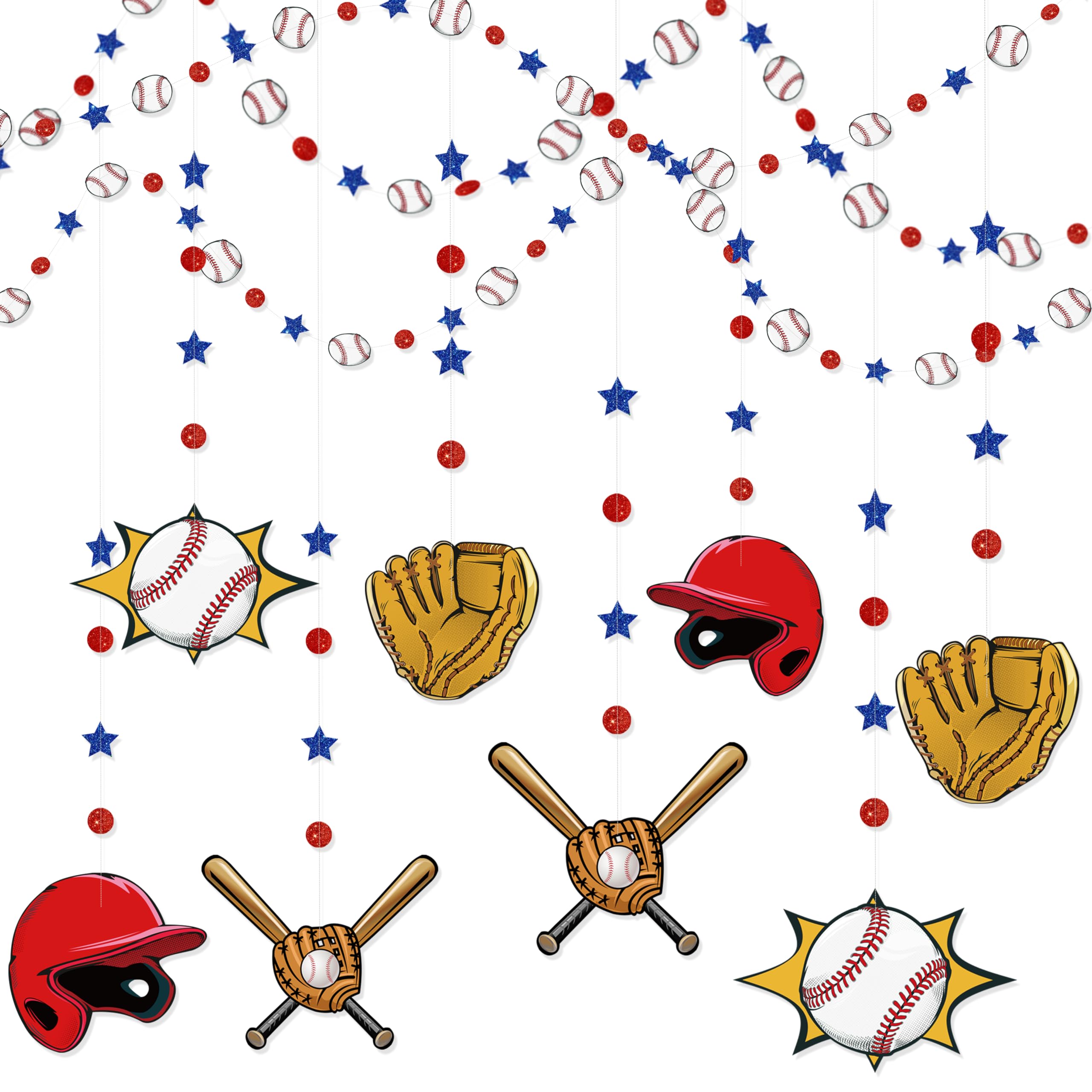 pinkblume Baseball Party Decorations Red Circle Dot Blue Star Baseball Sport Theme Hanging Cutout Garland Streamer for Birthday Baby Shower Wedding