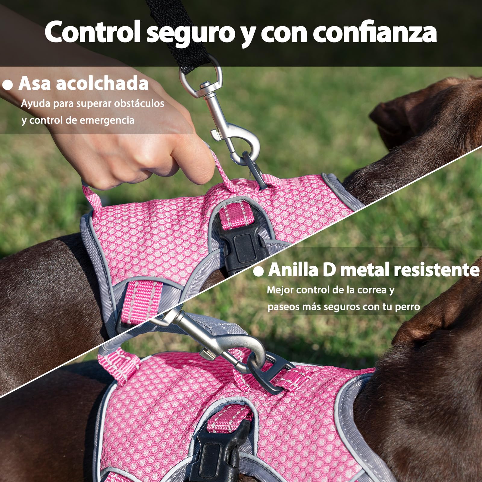 Huntboo Arnes Perro Pequeño Mediano Grande, Arnes Antiescape Perro, Arnés Reflectante para Perros con Asa, Reflectante, Chaleco Ajustable para Caminar, Equipamiento Correr(Rosa,L)