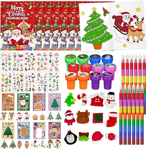 72 piezas de regalos de fiesta de Navidad Max Holiday libros para colorear esponjosos, crayones apilables, tatuajes, calcomanías de bricolaje,