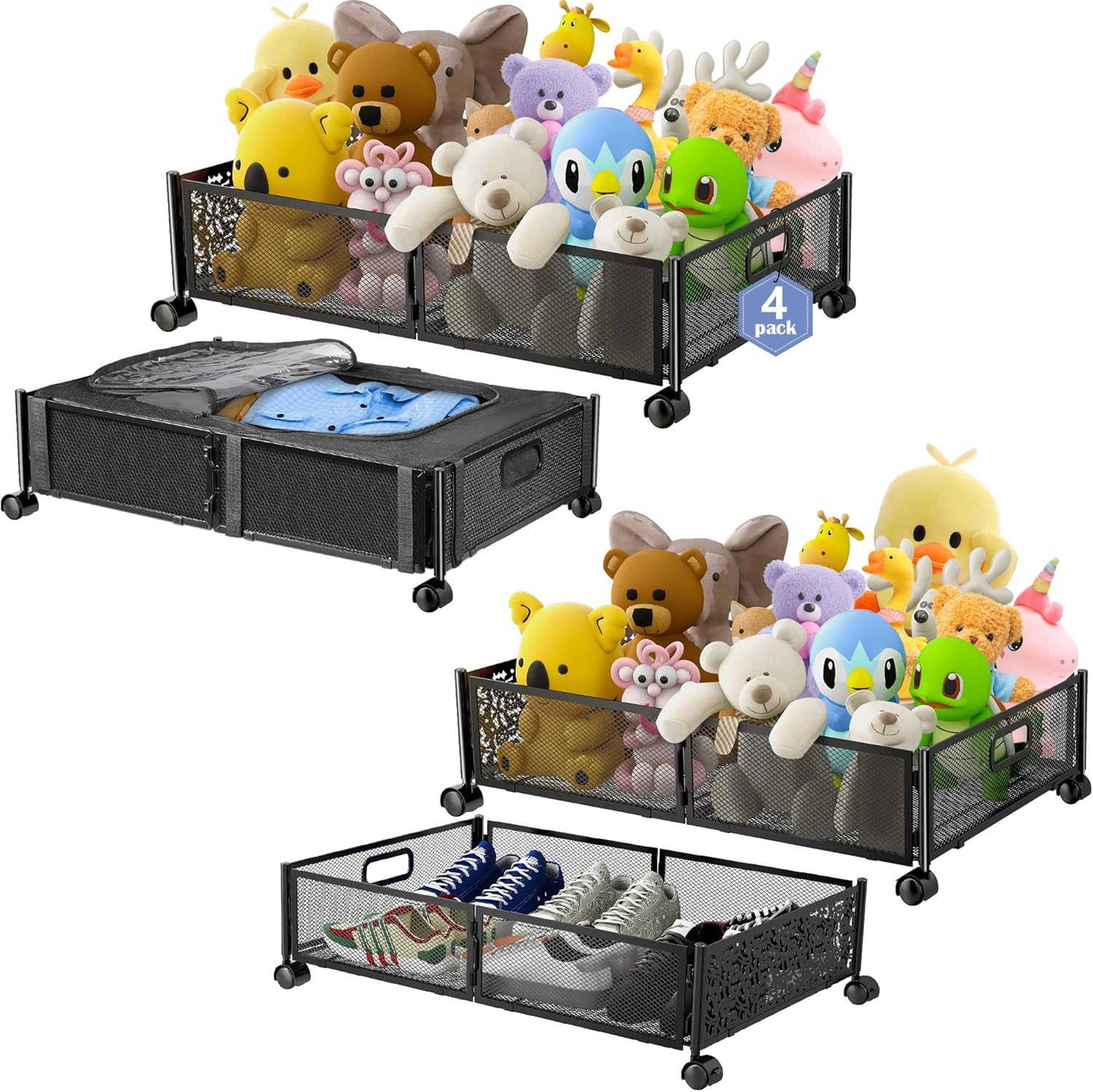 Teblei Under Bed Storage with Wheels & 4 Dust Bags, 4 Pack