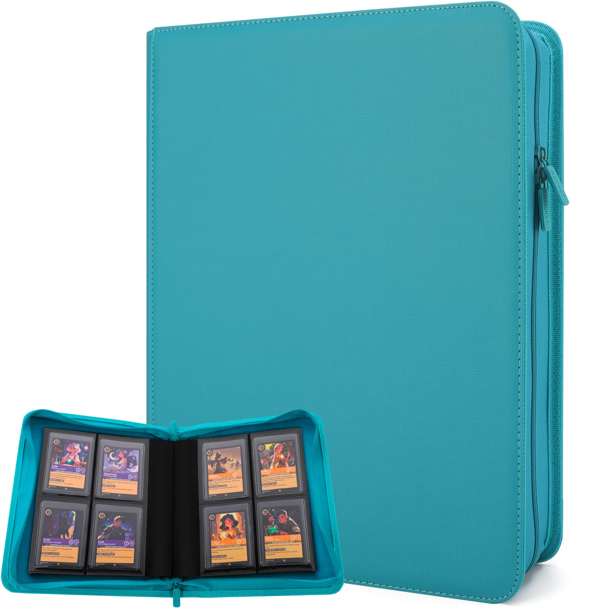 FORZAROCKET 4-Pocket Small Binder for Toploaders - Holds 144 Top Loaders, Ringless, Waterproof PU Leather, for Sports & Trading Cards (Teal)
