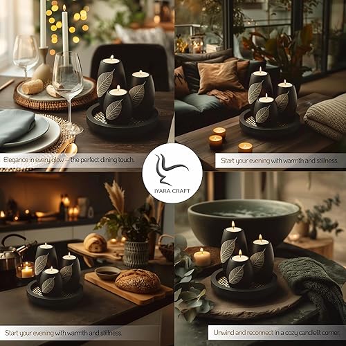 Miniatura 2 de IYARA CRAFT Juego de 3 portavelas decorativos con bandeja para velas acabado de madera mate con decoración de hojas secas