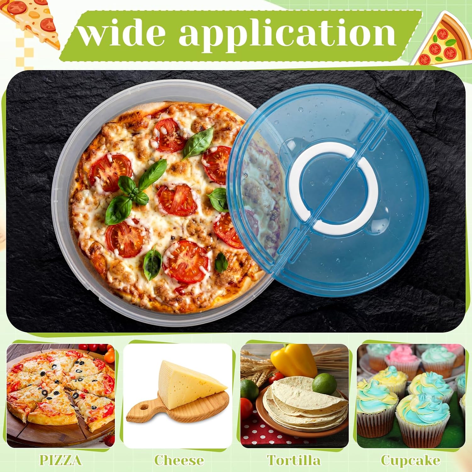 LemonRoad 2 Pie Carrier with Lid and Handle 12 Inch Round Plastic Food Storage Container Reusable 2 Compartments Pizza Keeper for Food Cake Cheesecake Muffin Cookie Tortilla (Green,Blue)