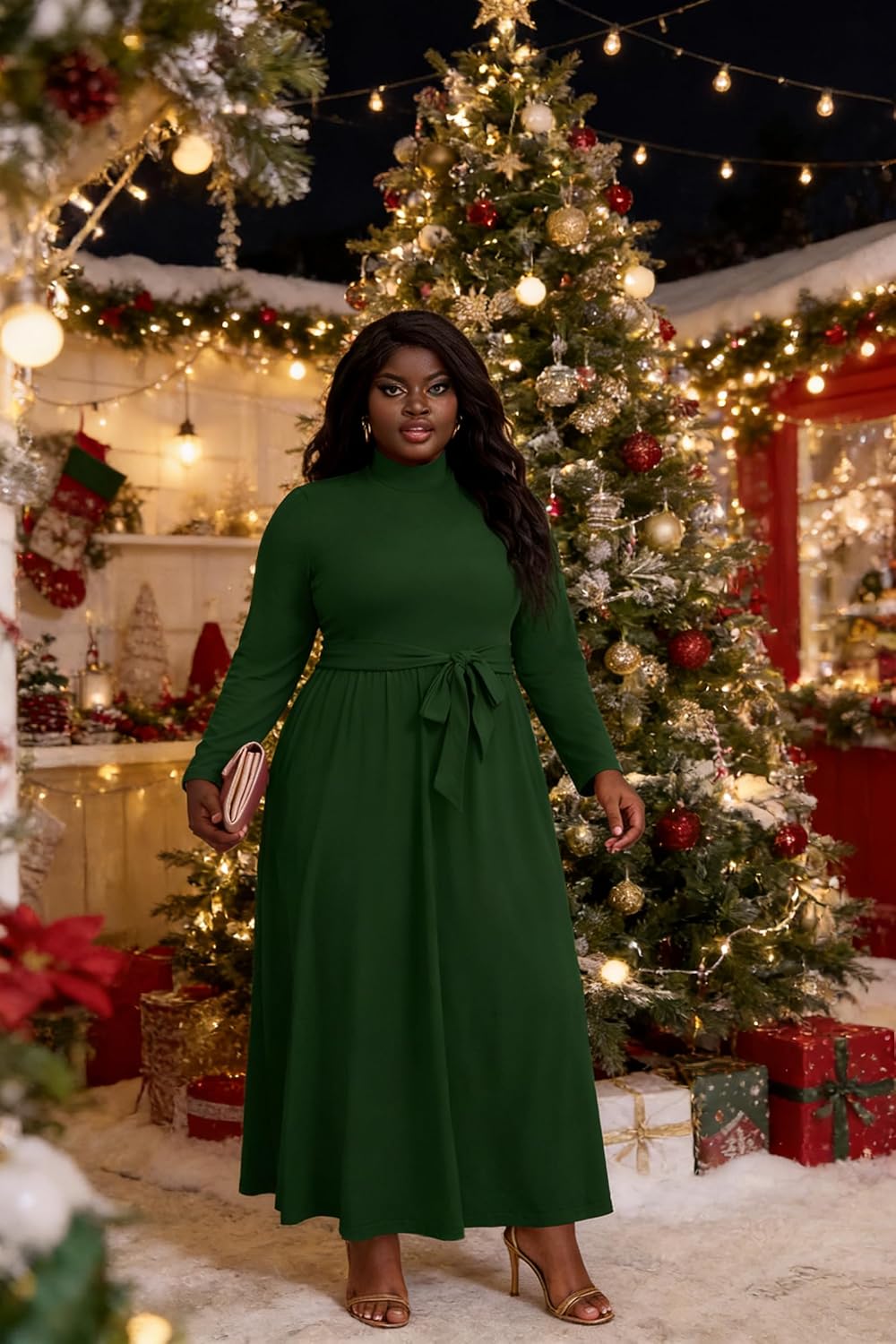 FANDEE Plus Size Maxi Dress for Women Classy High Waist Wedding Guest Dress Casual High Neck Long Sleeve Swing Dresses - Image 6