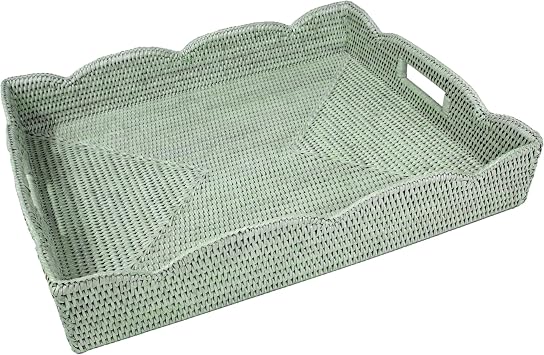Caspari Rattan Scalloped Large Tray in Green Handwoven Rectangular Serving & Decorative Tray 19.5 x 15.75 x 4 Artisan-Made