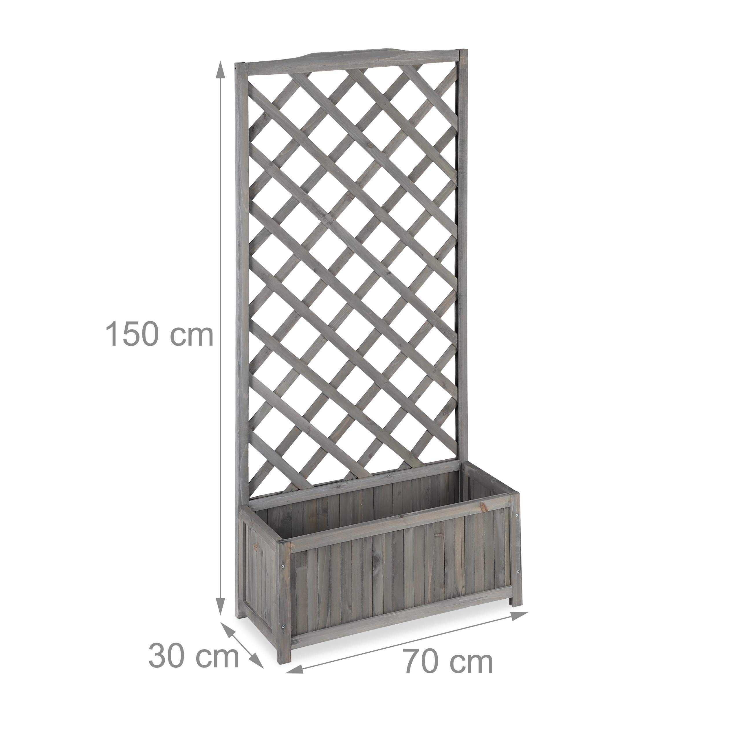 Relaxdays Enrejado de jardín con macetero, Madera de abeto, 35 L, 150 cm, Gris