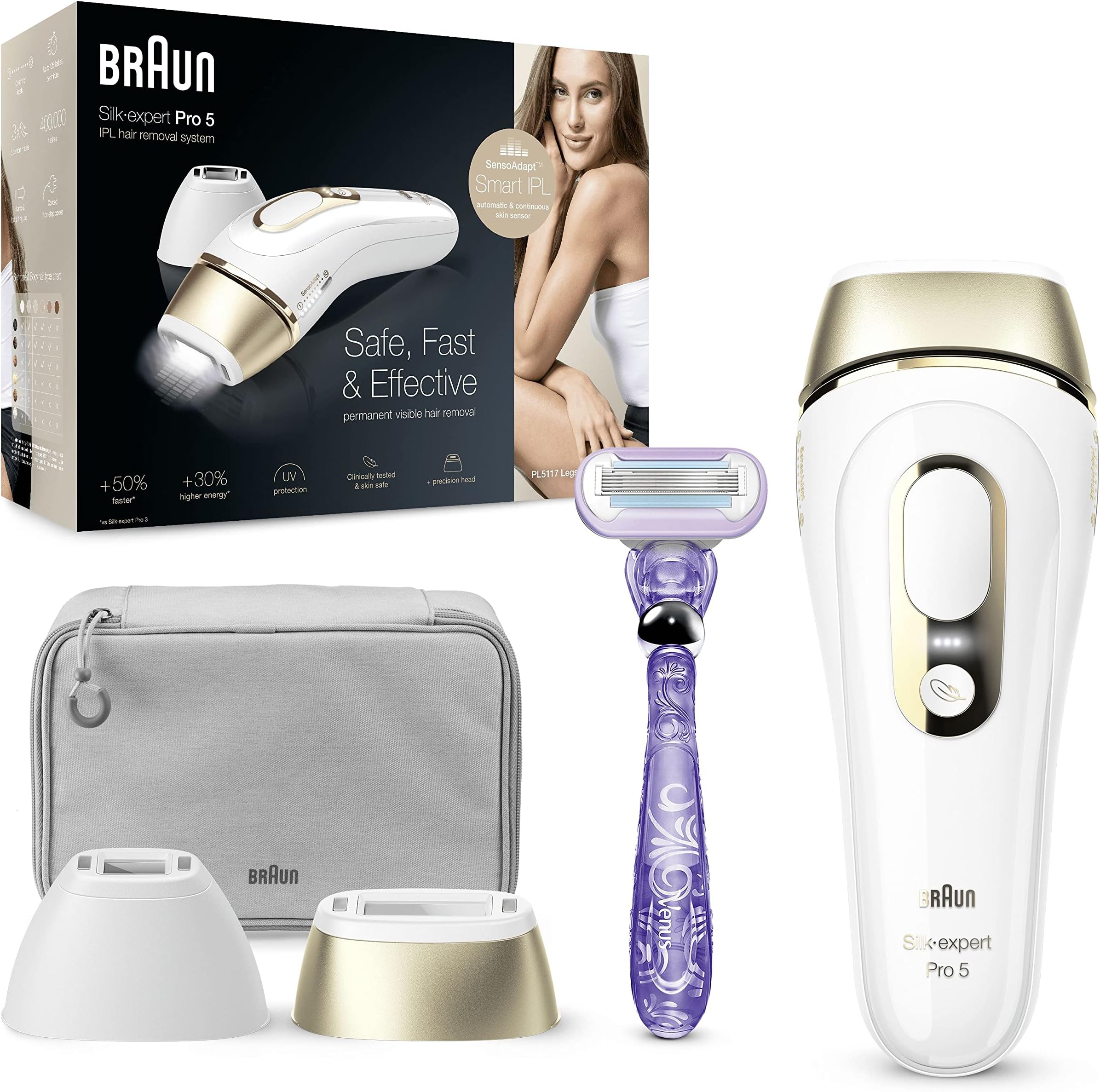 Braun IPL Silk Expert Pro 5 PL5117, Latest Generation Permanent Hair Removal, Precision Head for Body and Face, White and Gold, with Venus Swirl Razor and Premium Pouch, Clinically d
