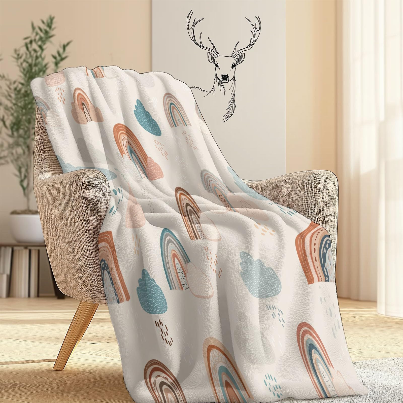 Manta de Franela Súper Suave 200 x 220 cm – Manta Cálida con Estampado de Minimalista Divertido Nubes, Ideal para Sofá Cama o Viaje Crema