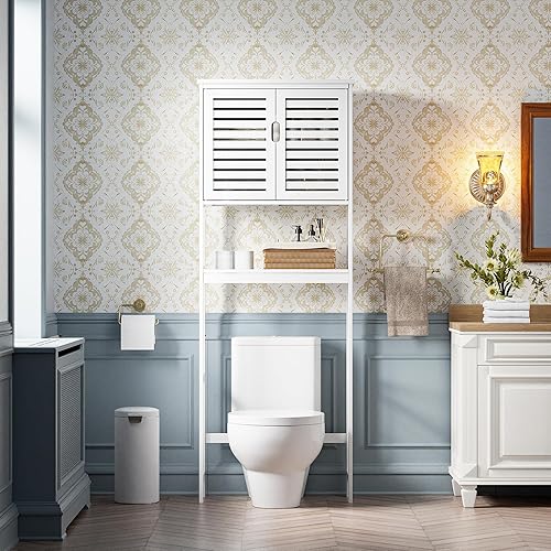 Miniatura 2 de SMIBUY Gabinete de almacenamiento para baño sobre el inodoro, organizador de gabinete de bambú de 2 puertas, estante de inodoro independiente que