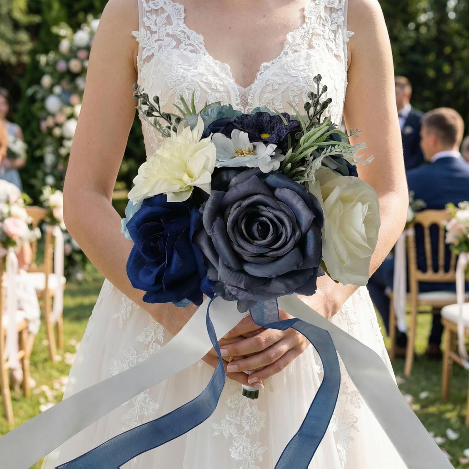 Wedding Bouquets for Bride Bridesmaid, 8.6 Inches Dusty Blue and Dark Blue Bridal Bouquets for Bride Bridesmaid, Silk Artificial Rose Bouquet for Wedding Ceremony Decoration (Dusty Blue) - Image 7