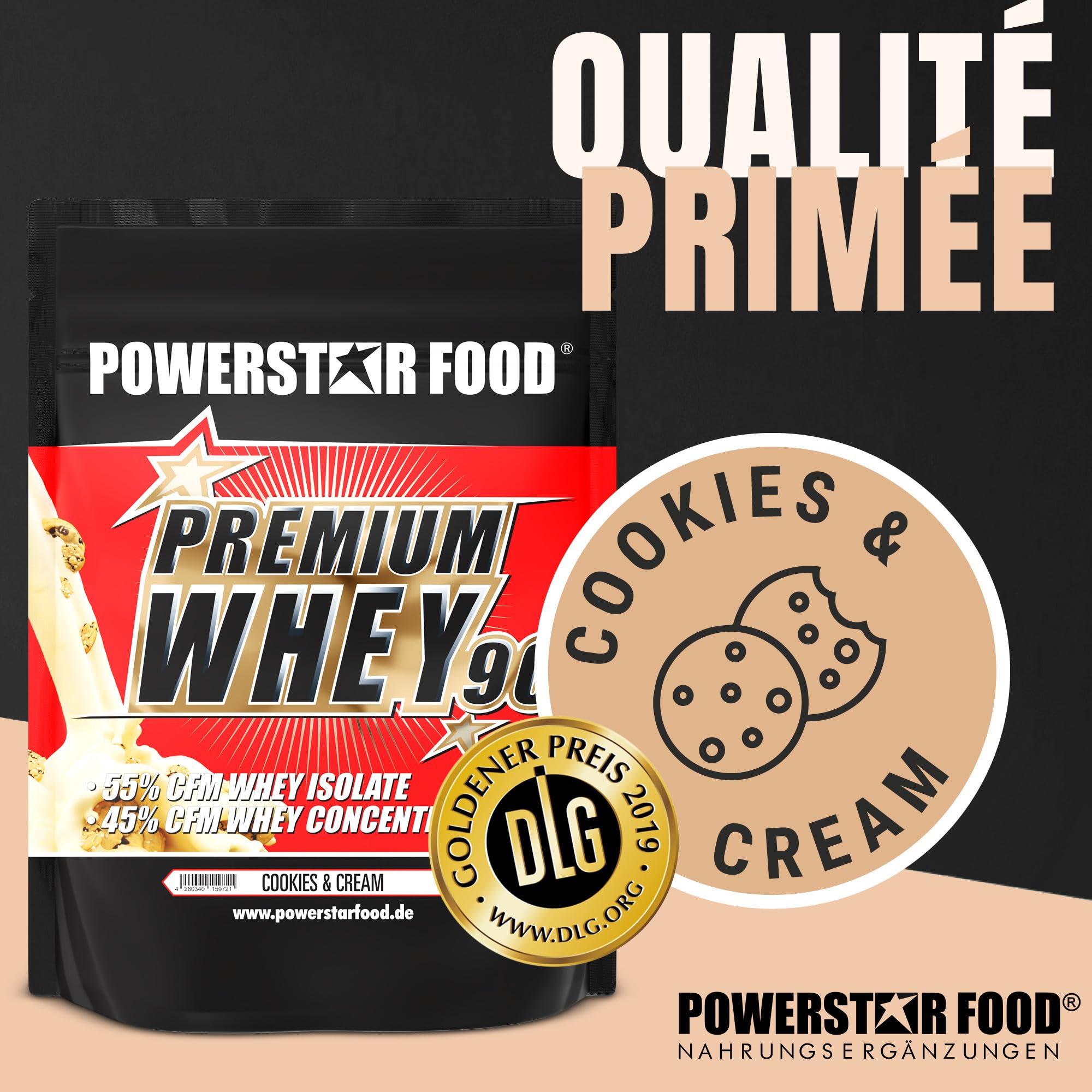 Powerstar PREMIUM WHEY 90 Poudre de Protéine 850 g | 80,6% Protéine | Whey Protein Powder | Produit en Allemagne | 55% Isolat de Whey CFM & 45% Concentrat CFM | Riche en EAA & BCAA | Cookies & Cream
