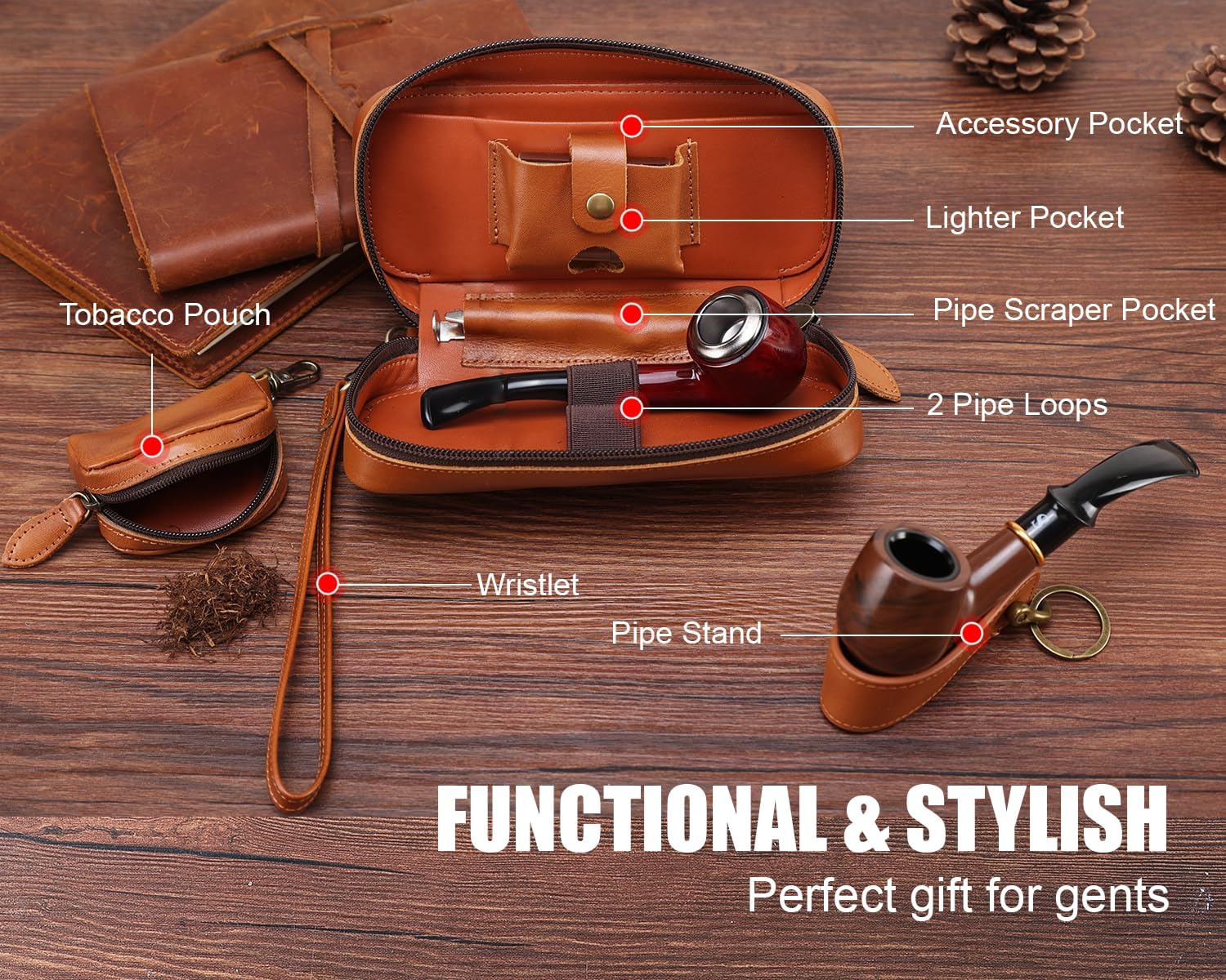 STAR VISTA Marco Premium Leather Pipe Bag, Tobacco Pouch with 2-Pipe Holder, Wristlet and Stand, Ombre Gold