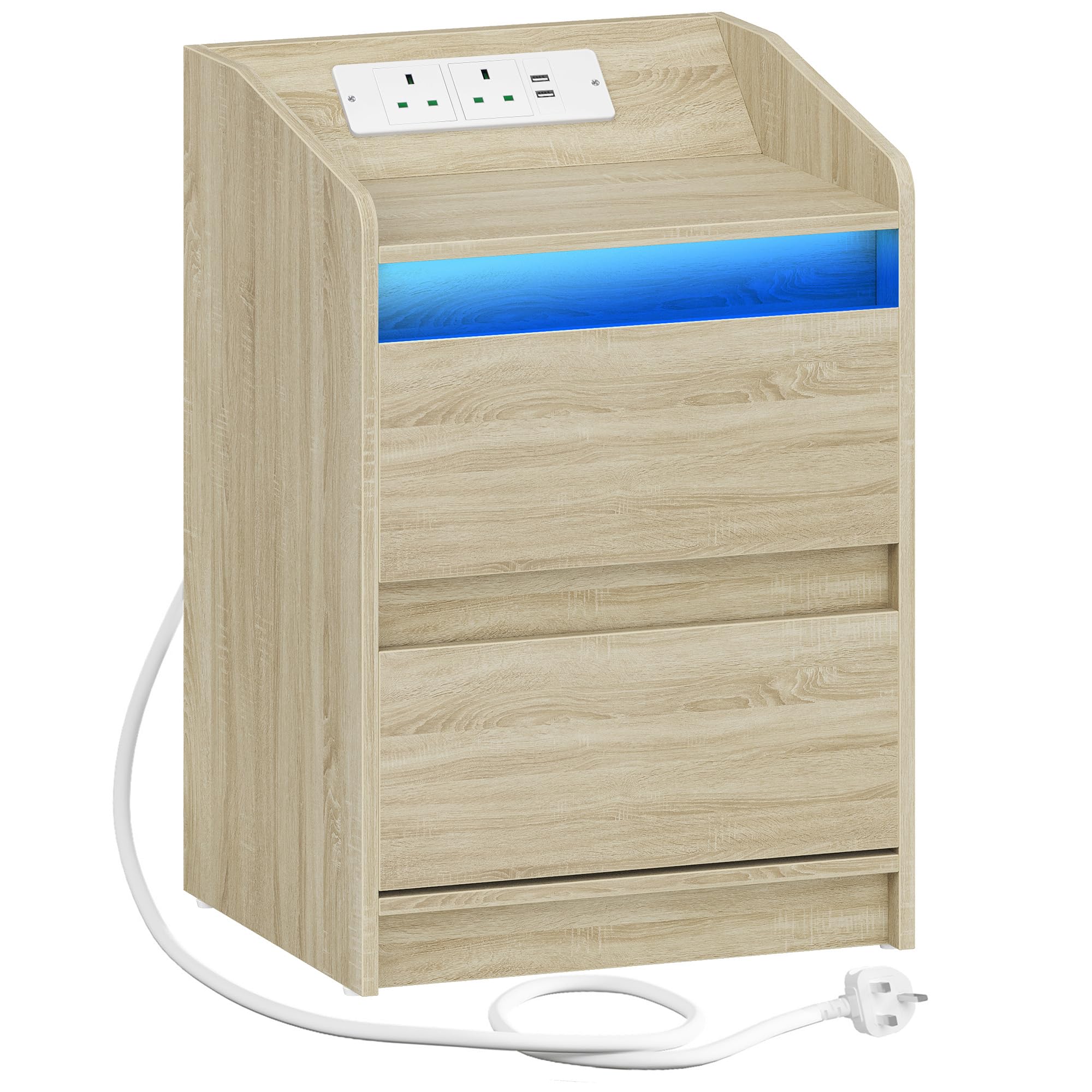 Hzuaneri Bedside Table with LED Lights, Bedside Cabinet with Charging Station and 2 Drawers, Nightstand with USB Ports & Power Outlet for Living Room and Bedroom, White Oak NS30016XUK