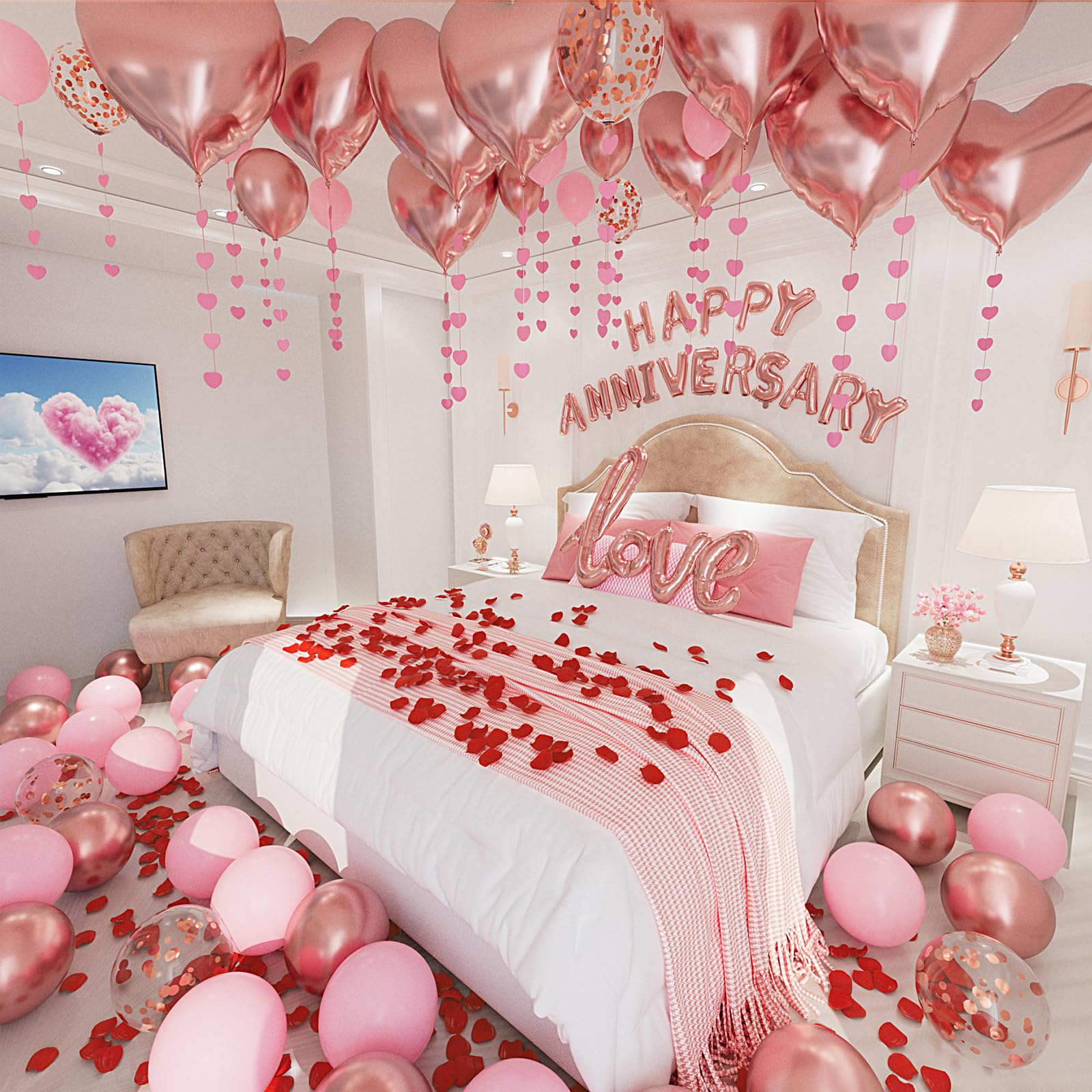 Anniversary Decorations, Happy Anniversary Banner, Pink Hanging String Hearts, Pink and Rose Gold Balloons, Love Balloon, Red Silk Rose Petals for Wedding Bridal Shower Bachelorette Party Decorations