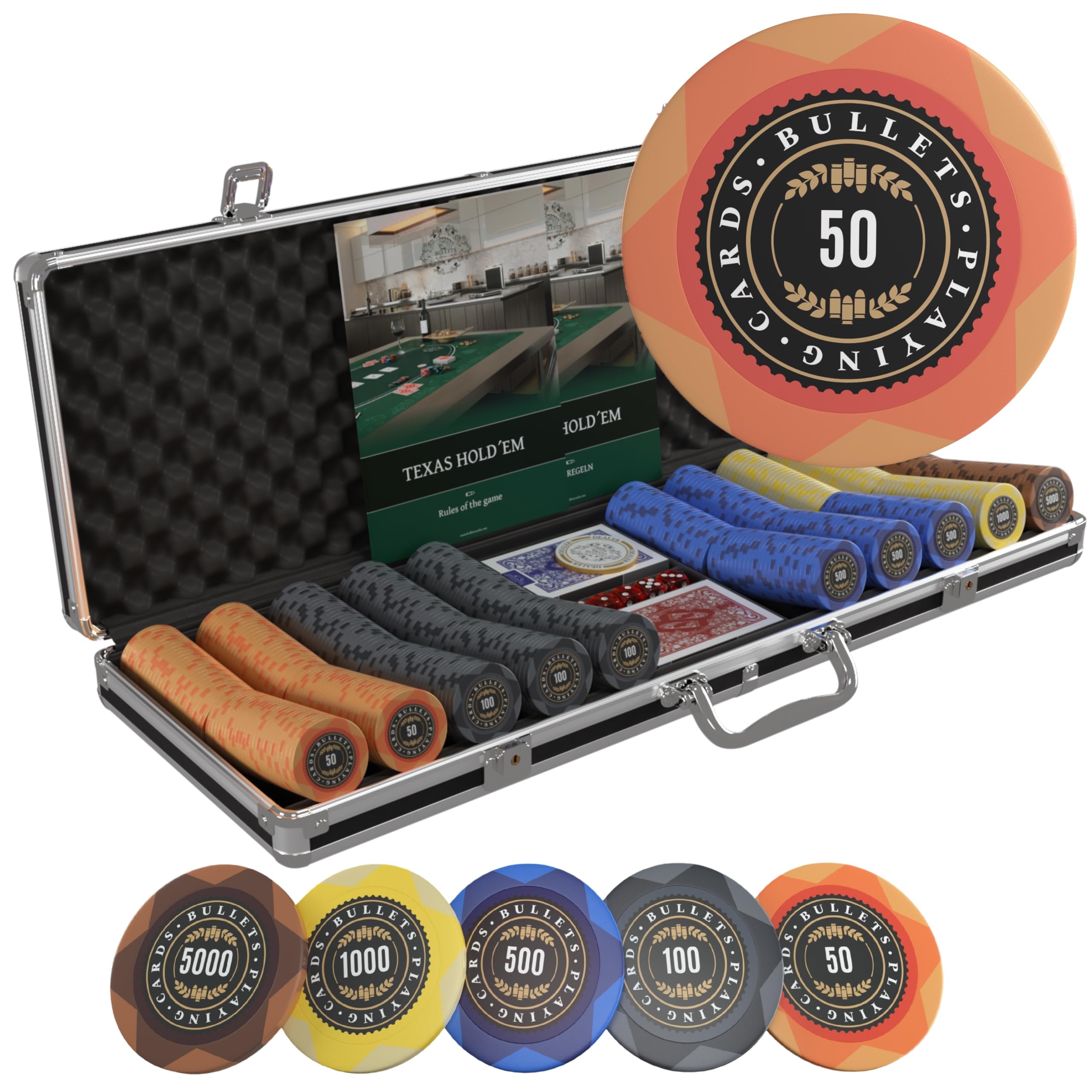 Bullets Playing Cards | Mallette de Poker 500 Jetons Clay 12g – Coffret Complet avec Cartes, dés et Bouton Dealer en céramique – Design Adriana