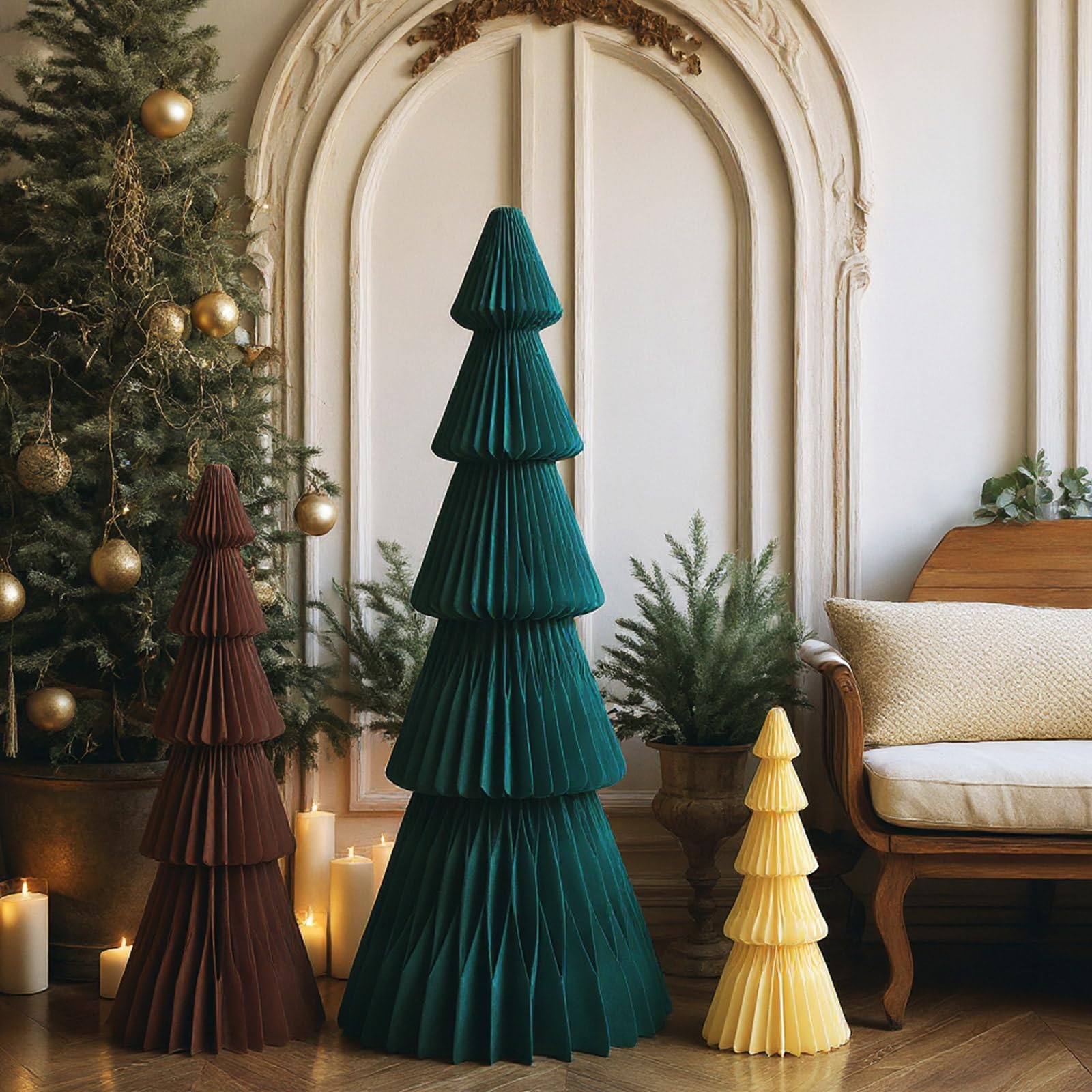 Fullhawl Árbol de Papel de Navidad Grande de 3 pies, 2 pies y 1 pie, árboles de Navidad de Panal, árbol de Navidad 3D, árbol Plegable con imán para decoración de Navidad, Fiesta