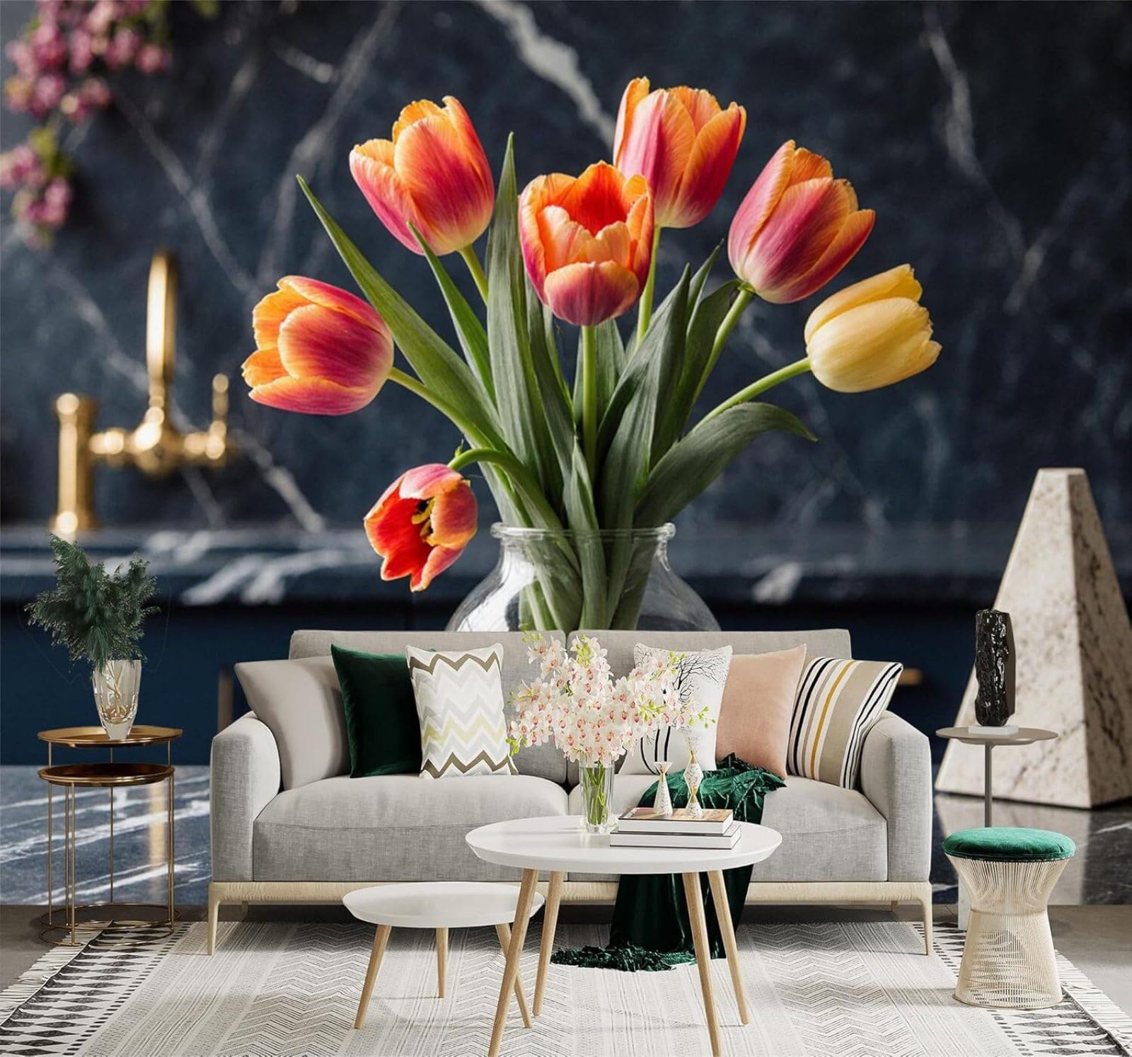 Tzxztt Three Dimensional Orange Yellow Tulips Glass Vase Marble Table Modern 3D Wallpaper Premium Textured Silk Neutral Tones Material Ideal for Living Room Bedroom-400cm×280cm