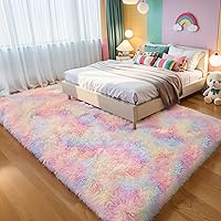 Vista 68 de Alfombras mullidas de 4 x 6 pies para dormitorio de niñas, alfombra de pelo largo lavable en arco iris para habitación de niños, guardería