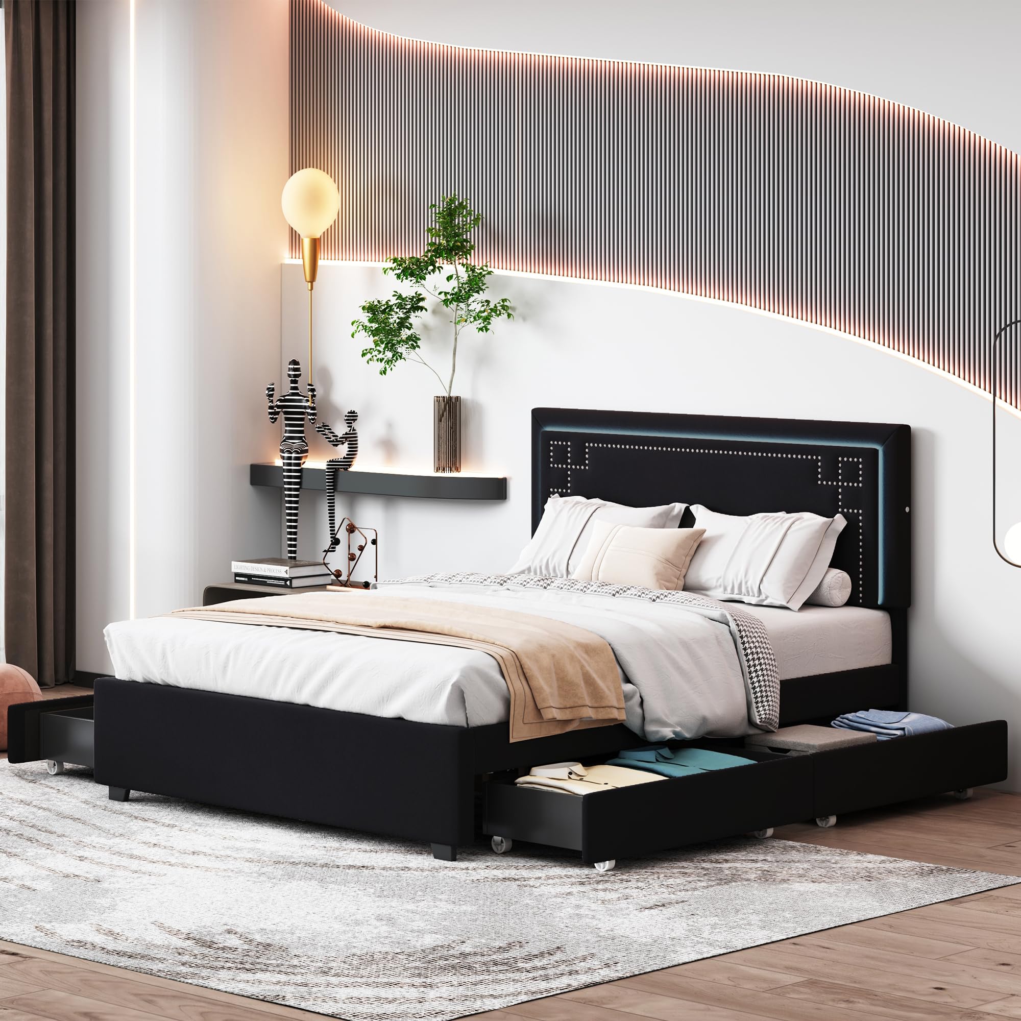 Queen Size RITSU Upholstered Platform Bed with Rivet-Decorated Headboard, LED Bed Frame and 4 Drawers, Black Box 1 of 2 ONLY