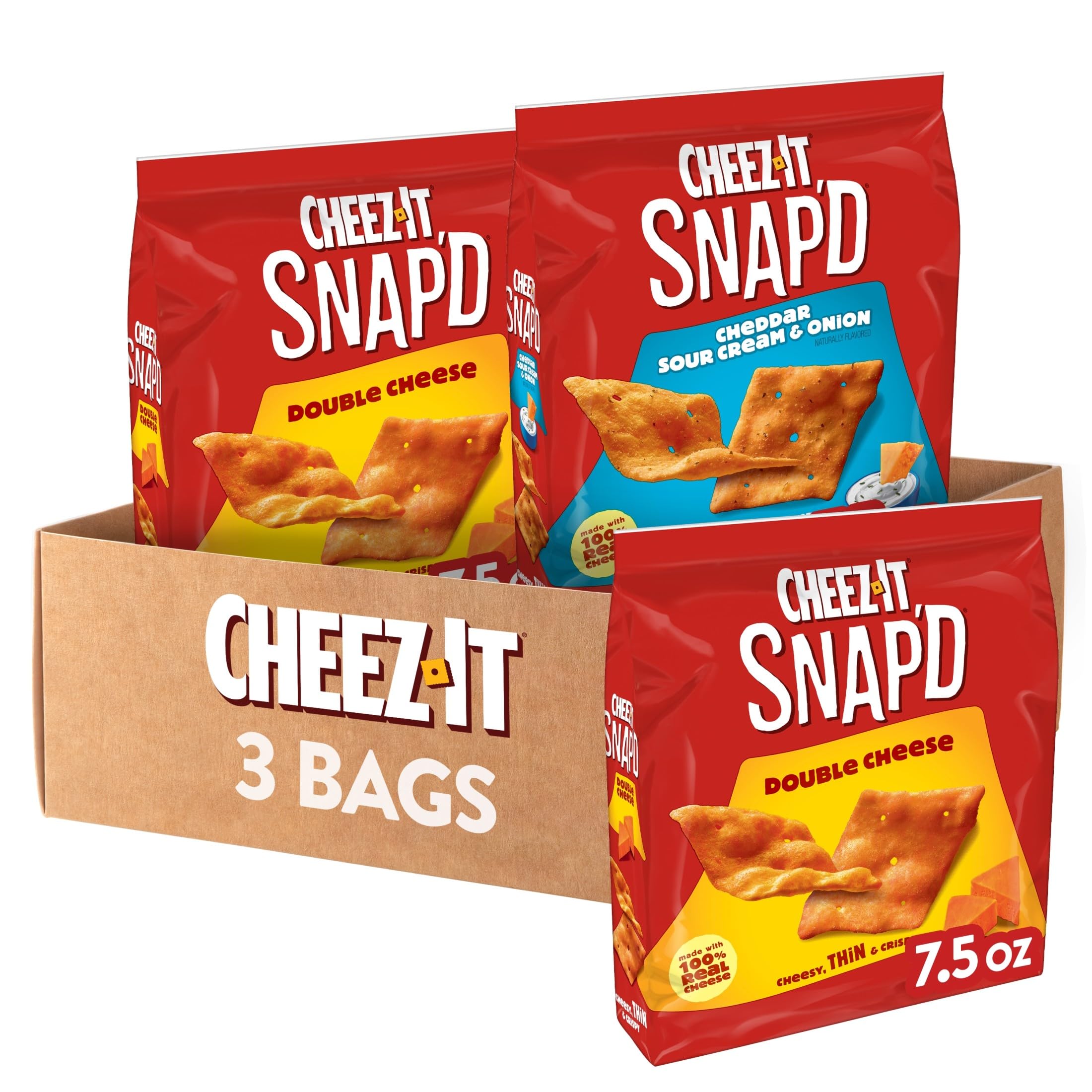 Cheez-ItSnap'd, Cheese Crackers Chips, Thin Crisps, Lunch Snacks, Variety Pack, 22.5oz Box (3 Bags)