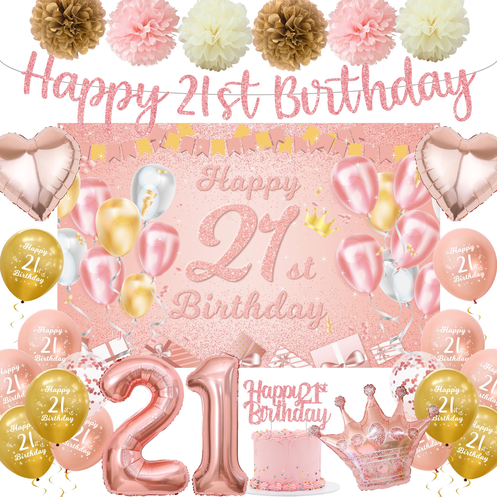 21st Birthday Decorations for Her Him, Happy 21st Birthday Banner Supplies