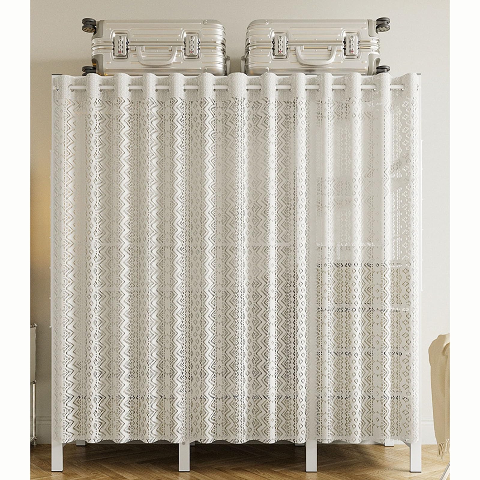 Generico Armadio Guardaroba Resistente con Tenda, spazioso Appendiabiti per Camera da Letto, 4 Ripiani Aperti e 6 cassetti, Bianco, 168x50x170 cm - Soluzione di archiviazione Durevole