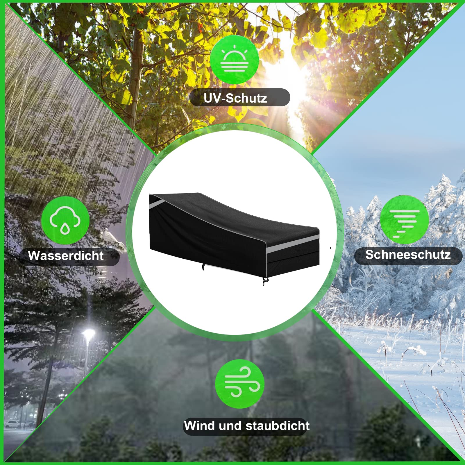2er Pack Gartenliege Abdeckung mit Reflektierenden Streifen, 200x70x40/75cm Sonnenliege Schutzhülle mit 4 Winddichte Schnalle, Schwerlast 210D Oxford Gewebe Schutzhülle für Liegestuhl Deckchair