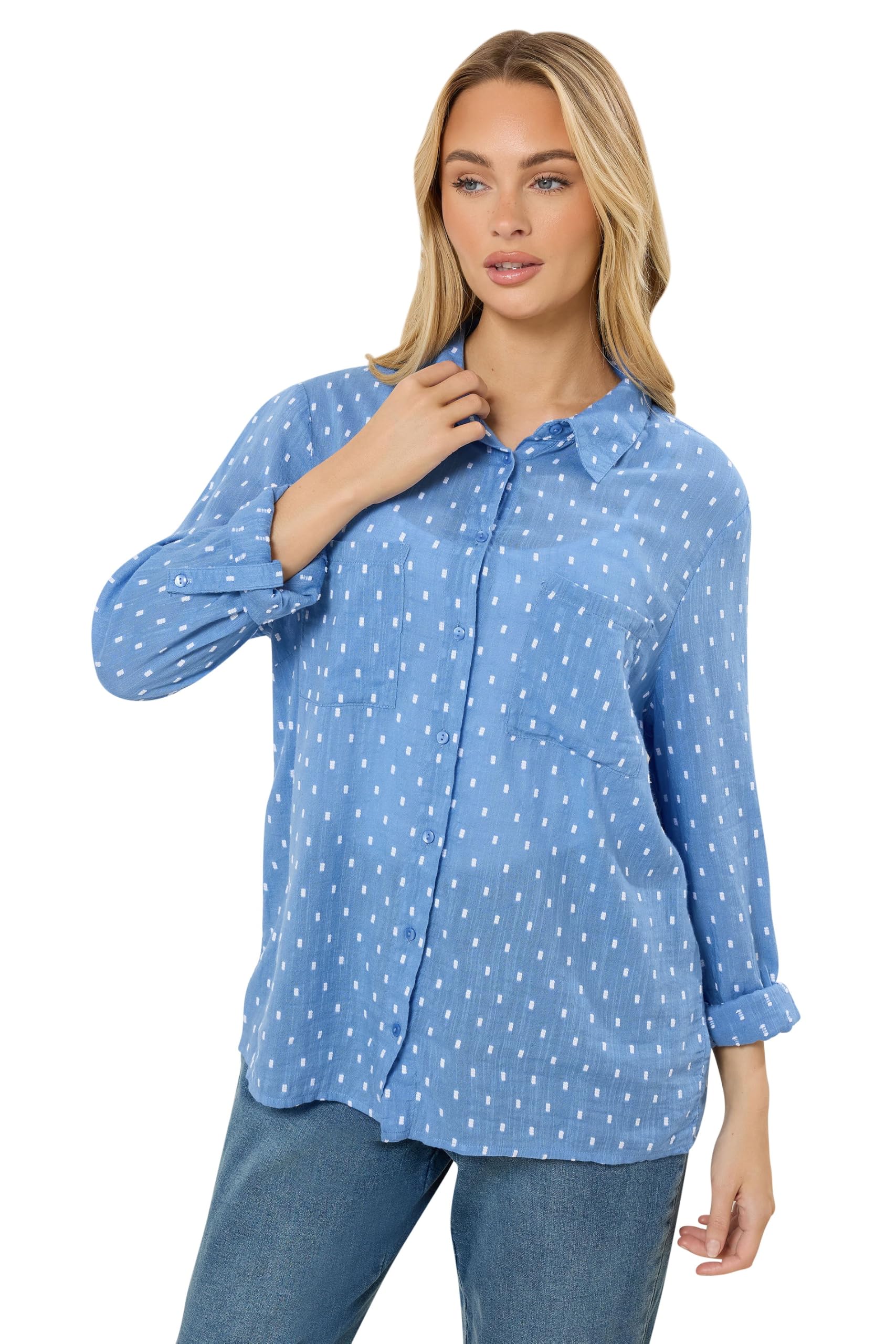 M&Co Women's Blue Dobby Cotton Long Sleeve Shirt In | : Size 16