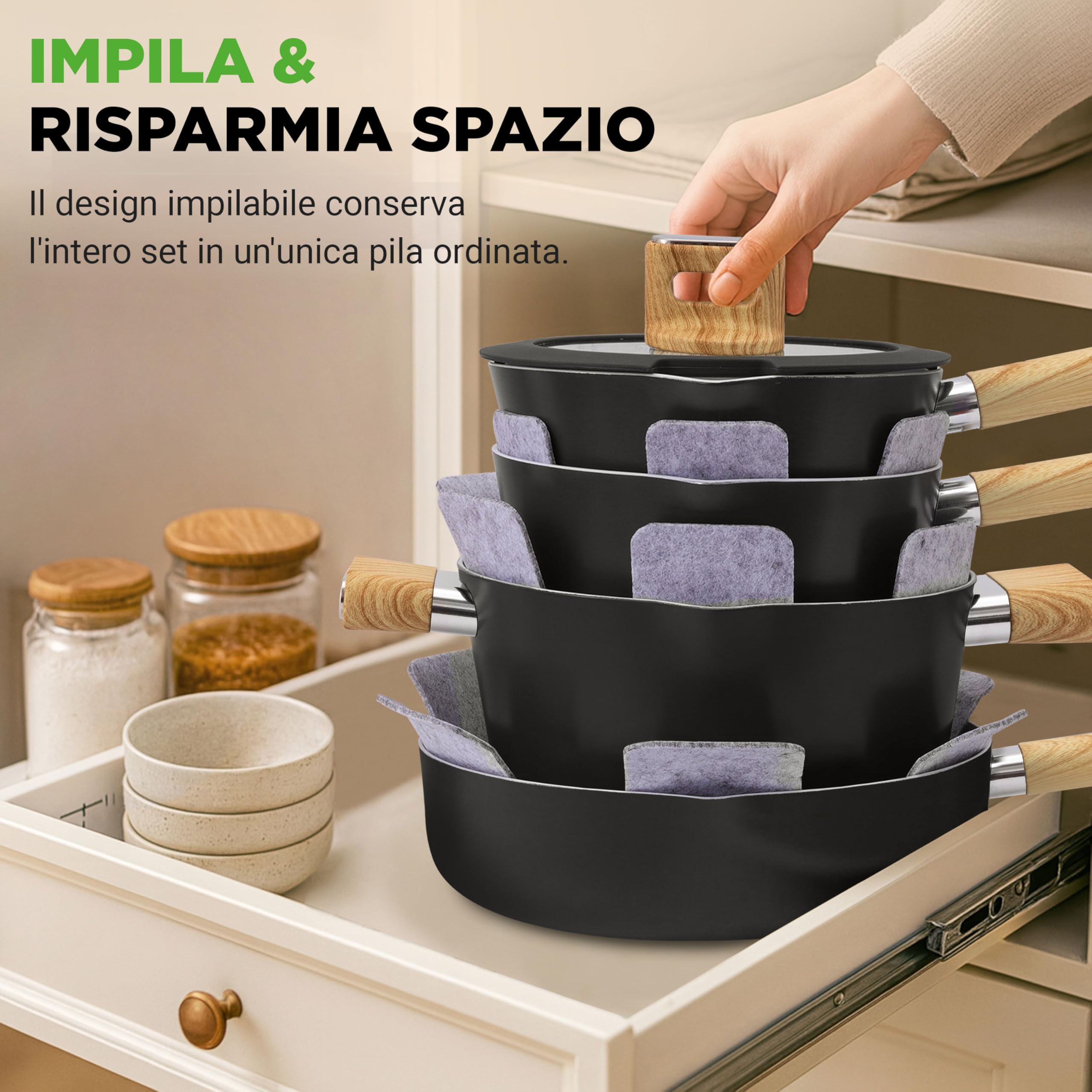NutriChef Set Pentole e Padelle 14 Pezzi in Ceramica Antiaderenti, Compatibili Induzione, Coperchio in Vetro, Manici Antiscottatura, Lavabili in Lavastoviglie, Mestolo, Pinze e Spatola Inclusi, Nero