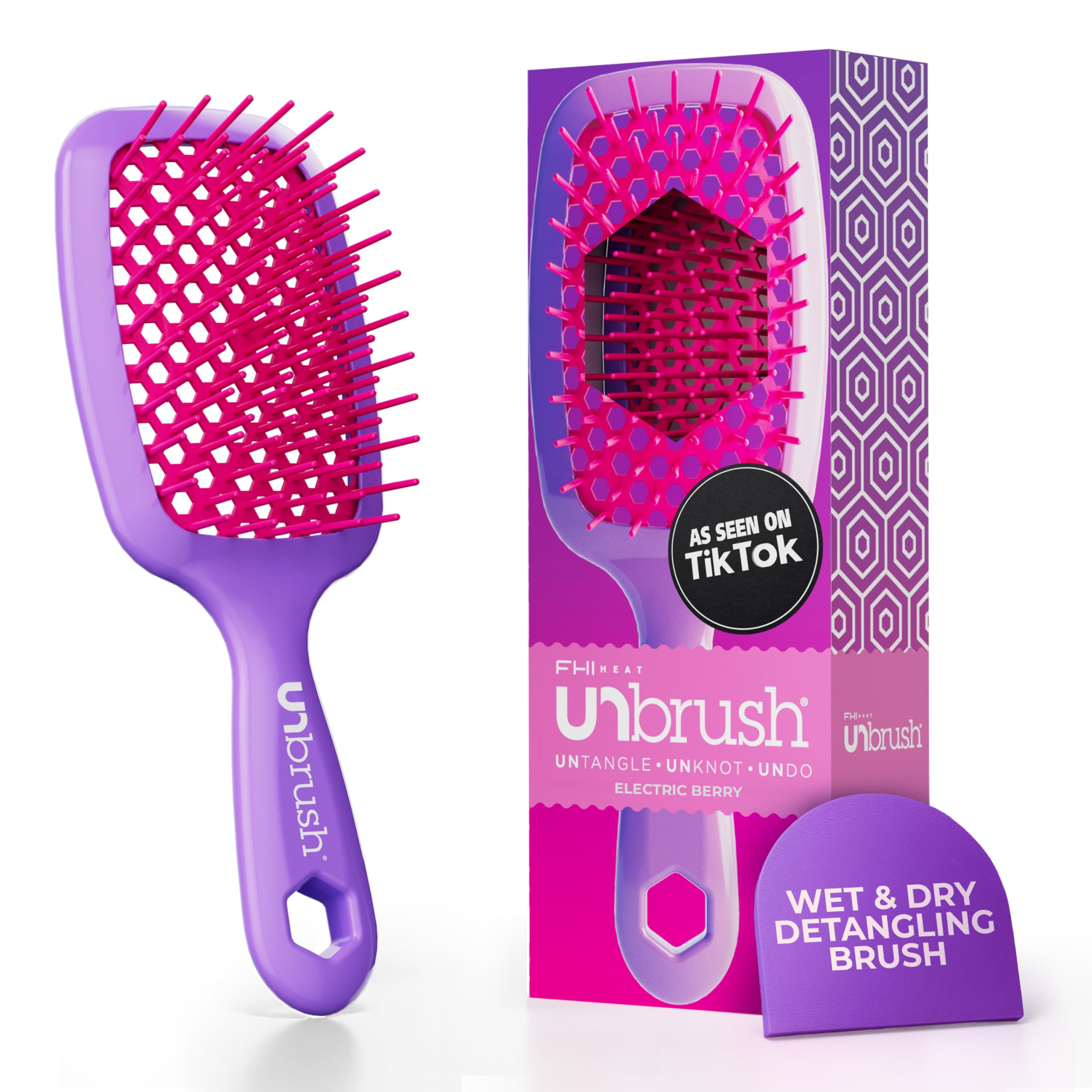 FHI Heat UNbrush Detangling Brush for Pain-Free Brushing on All Wet or Dry Hair Types — Durable DuoFlex Anti-Static Bristles, Lightweight Handle, Vented Hair Brush