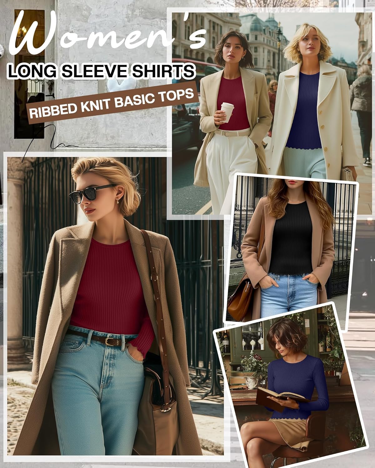 3 Pack Women's Long Sleeve Shirts Ribbed Cotton Slim Fit Crew Neck Tops Layering Lettuce Trim Basic Tee Winter - Image 4