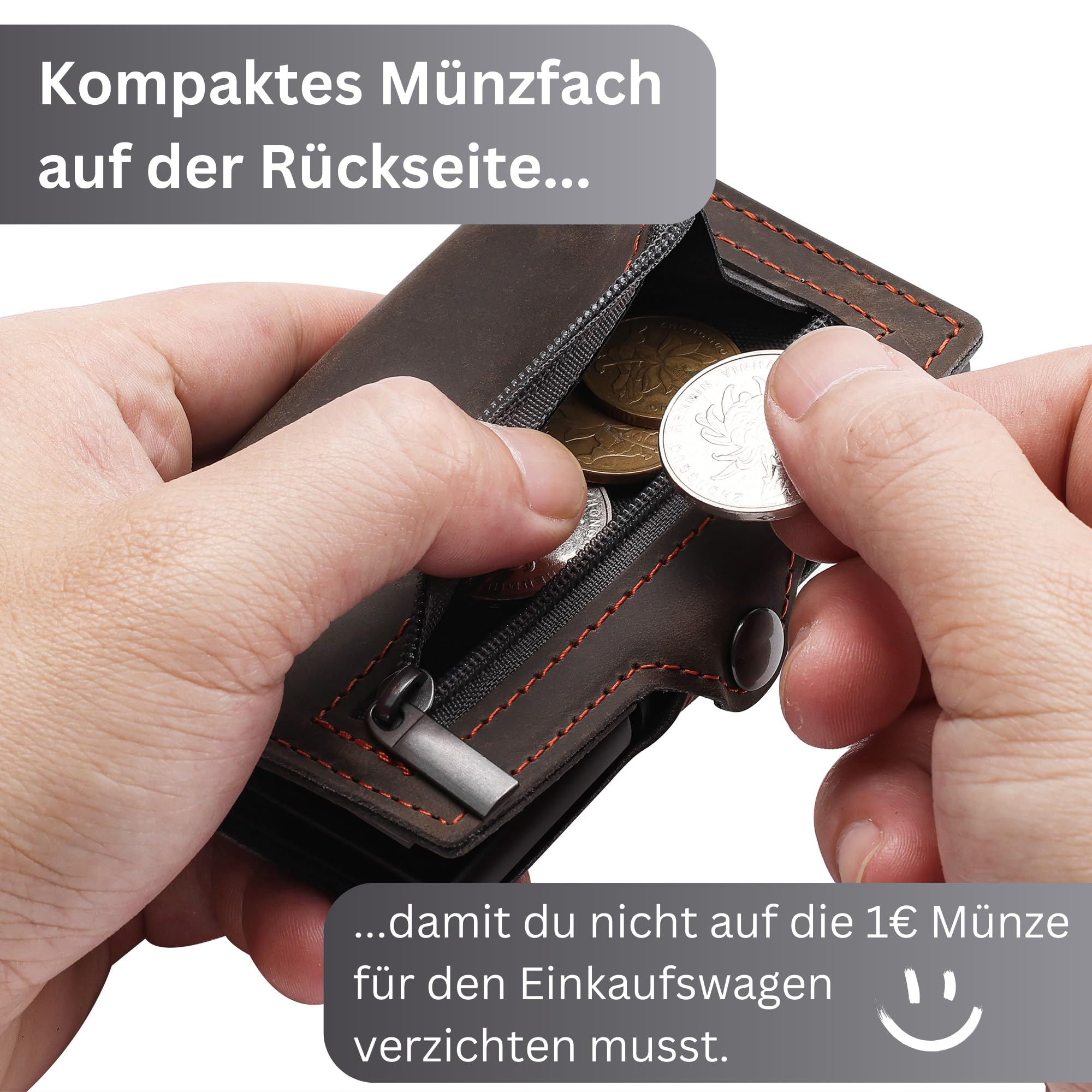 Wolkenbach - Porta carte di credito in pelle con scomparto per monete, da uomo, porta carte di credito, portafoglio sottile, in vera pelle, protezione RFID, Nero con cucitura rossa, s, Compatto