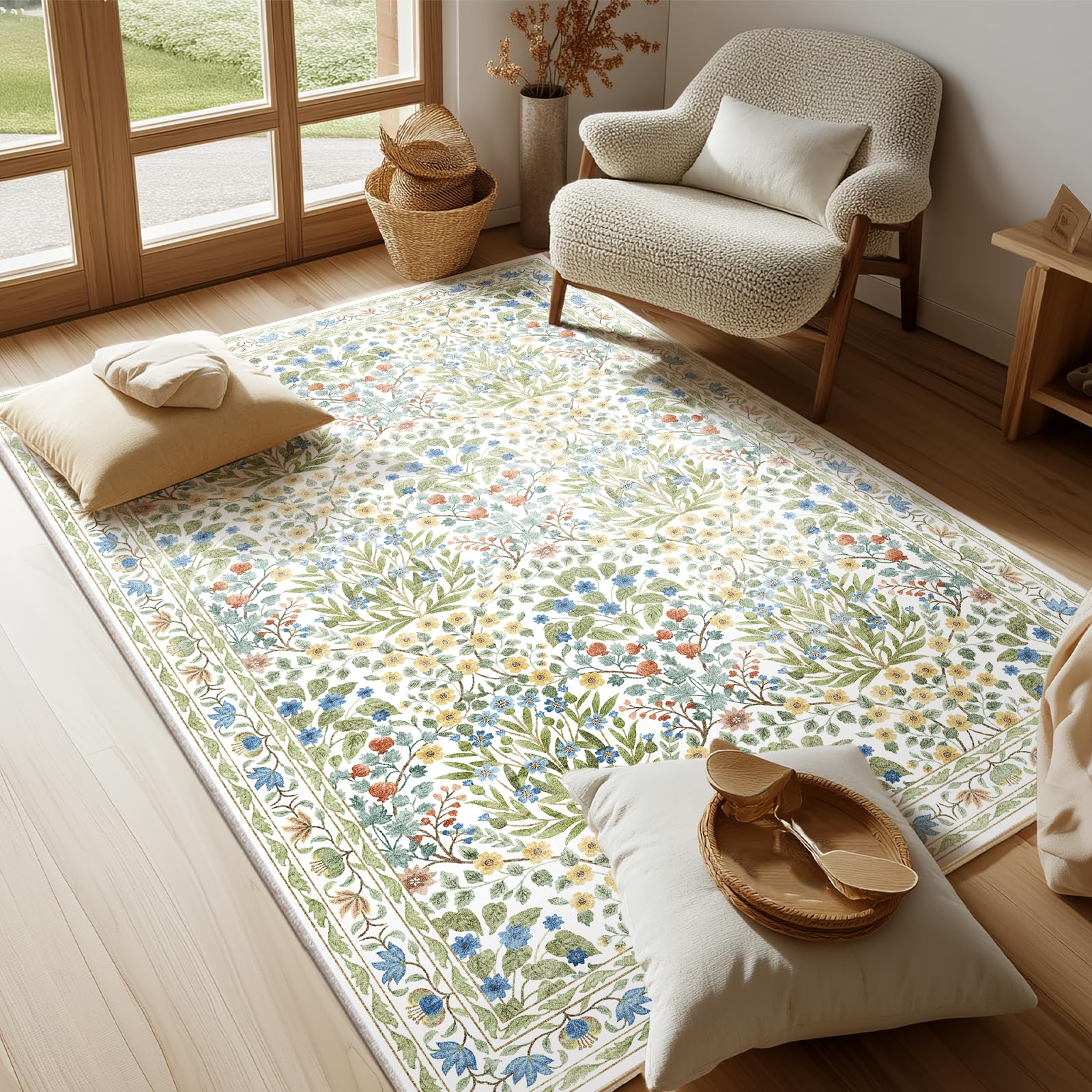 Baksham 4x6 Feet Area Rug for Living Room Bedroom, Washable Non-Slip Large Rug, Ultra Soft Stain Resistant, Beige Green Distressed Floral Design