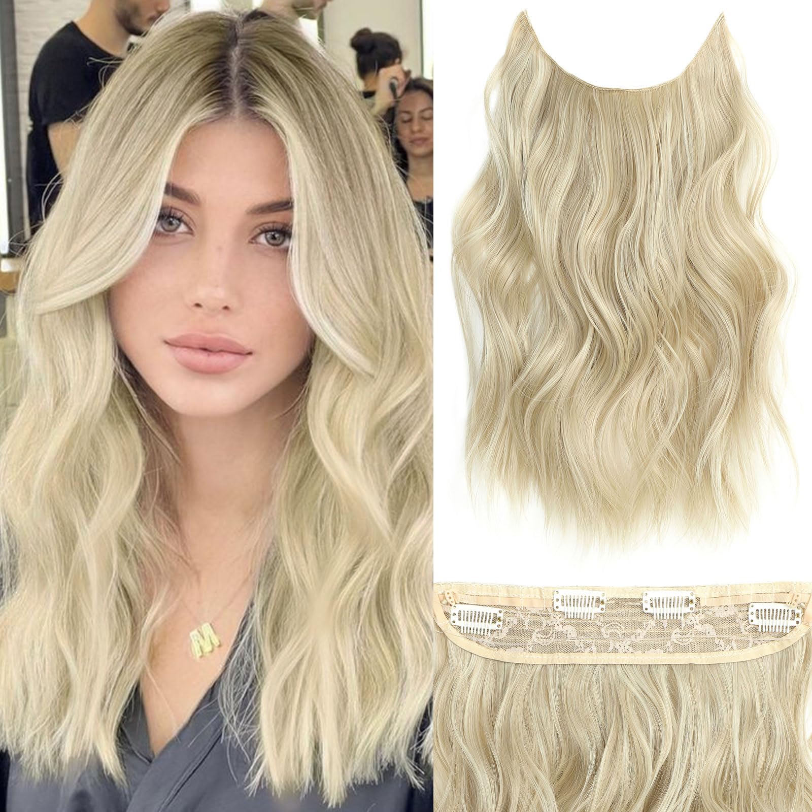BUPPLER Halo Hair Extensions 16 Inch Invisible Wire Hair Extensions Adjustable Long Wavy Hairpiece Synthetic Upgrade 4 Secure Clips in Hairpieces 16 Inch,Blonde Mix Platinum Blonde