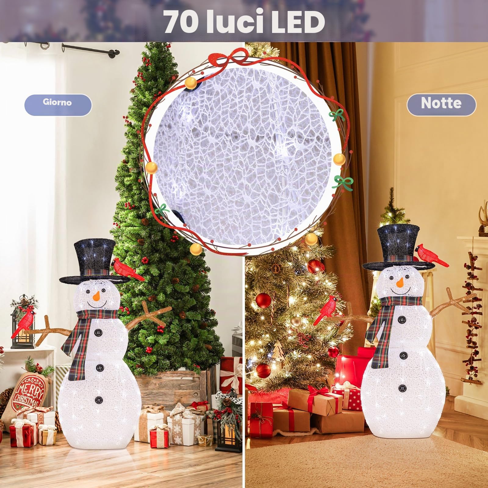 SOARS Decorazioni Natalizie, Pupazzo di Neve 99 X 16 X 127 CM con 70 Luci LED, 2 Uccellini Rossi, Resistente alle Intemperie, Addobbi Natalizi per Esterno & Interno per Salone, Giardino, Cortile