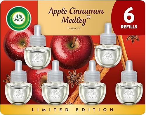 AIR WICK Paquete de repuesto para ambientador perfumado enchufable, 6 unidades de recambio de aceite de manzana y canela, 6 unidades, aceites