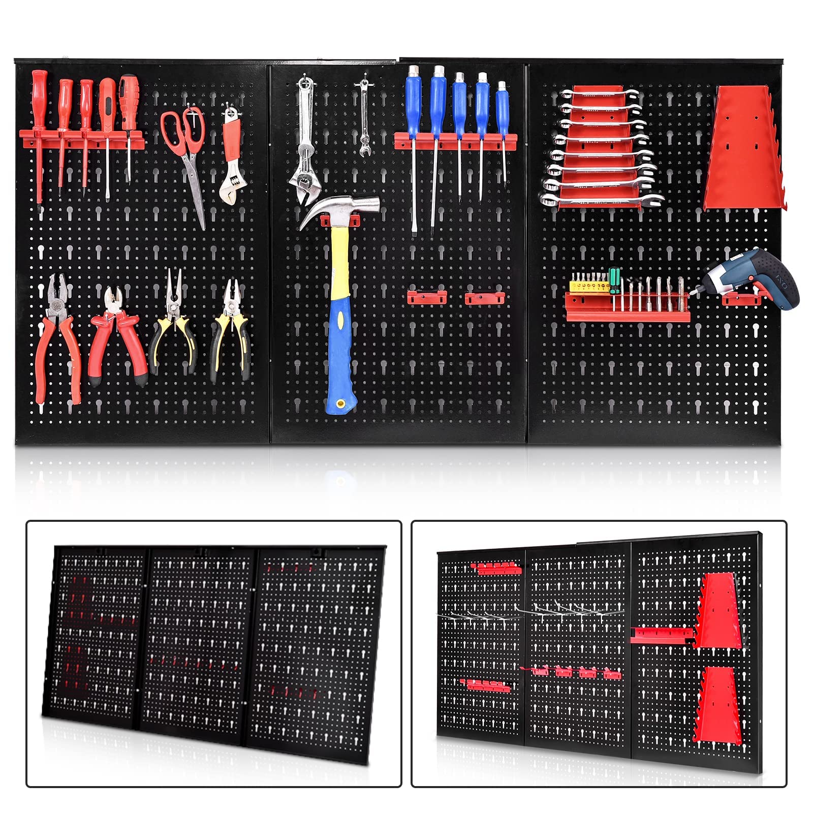 GYMAX Set di 3 Pannelli Forati Portautensili da Parete, Pannelli Portautensili in Metallo Verniciato, con Accessori Completi, Ideale per Garage e Officina, 120 x 60 x 2 cm, Nero