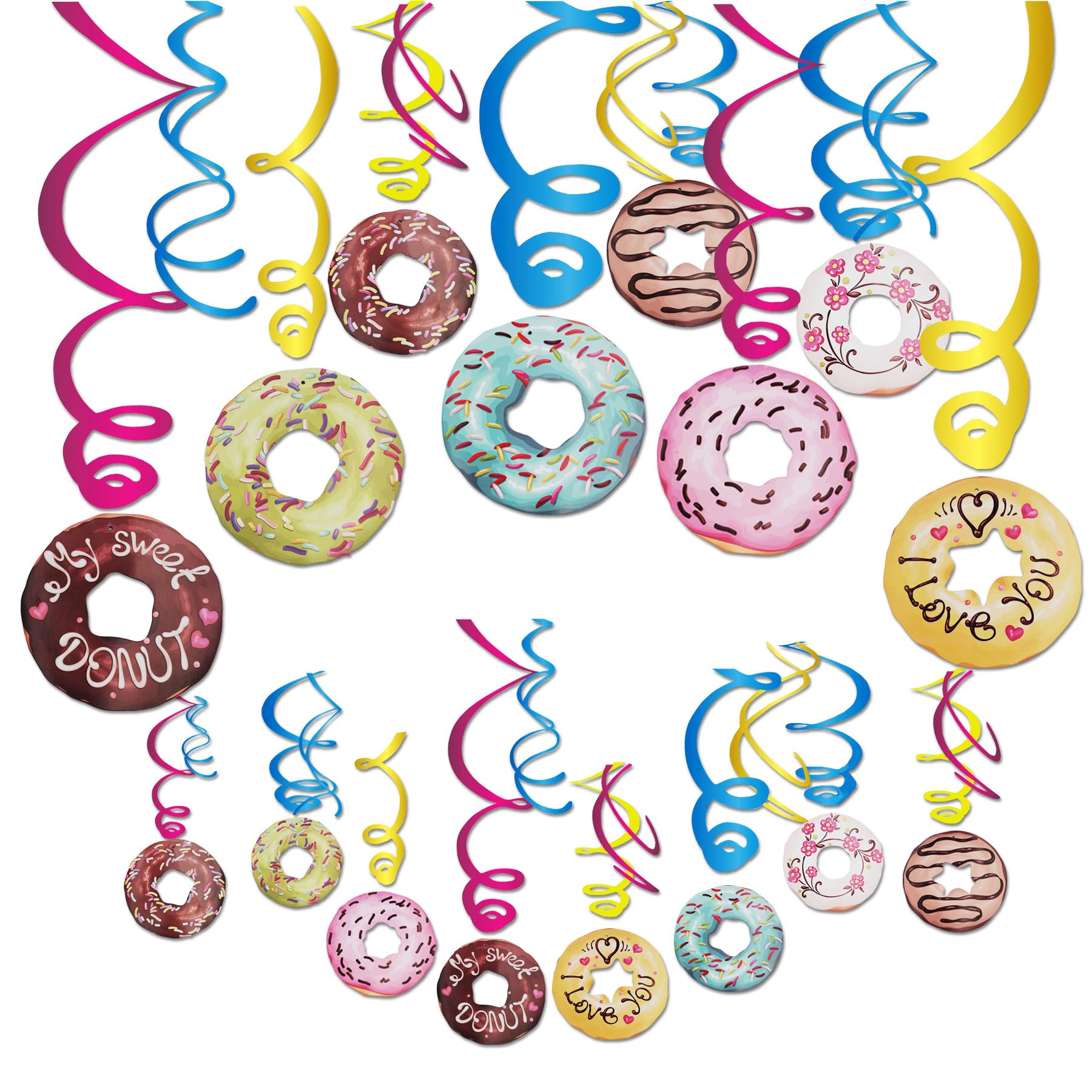 30Ct Donut Hanging Swirl Decorations, Cute Donut Party Decor Foil Ceiling Hanging Streamers for Birthday Party, Donut Grow Up Party, First Birthday,