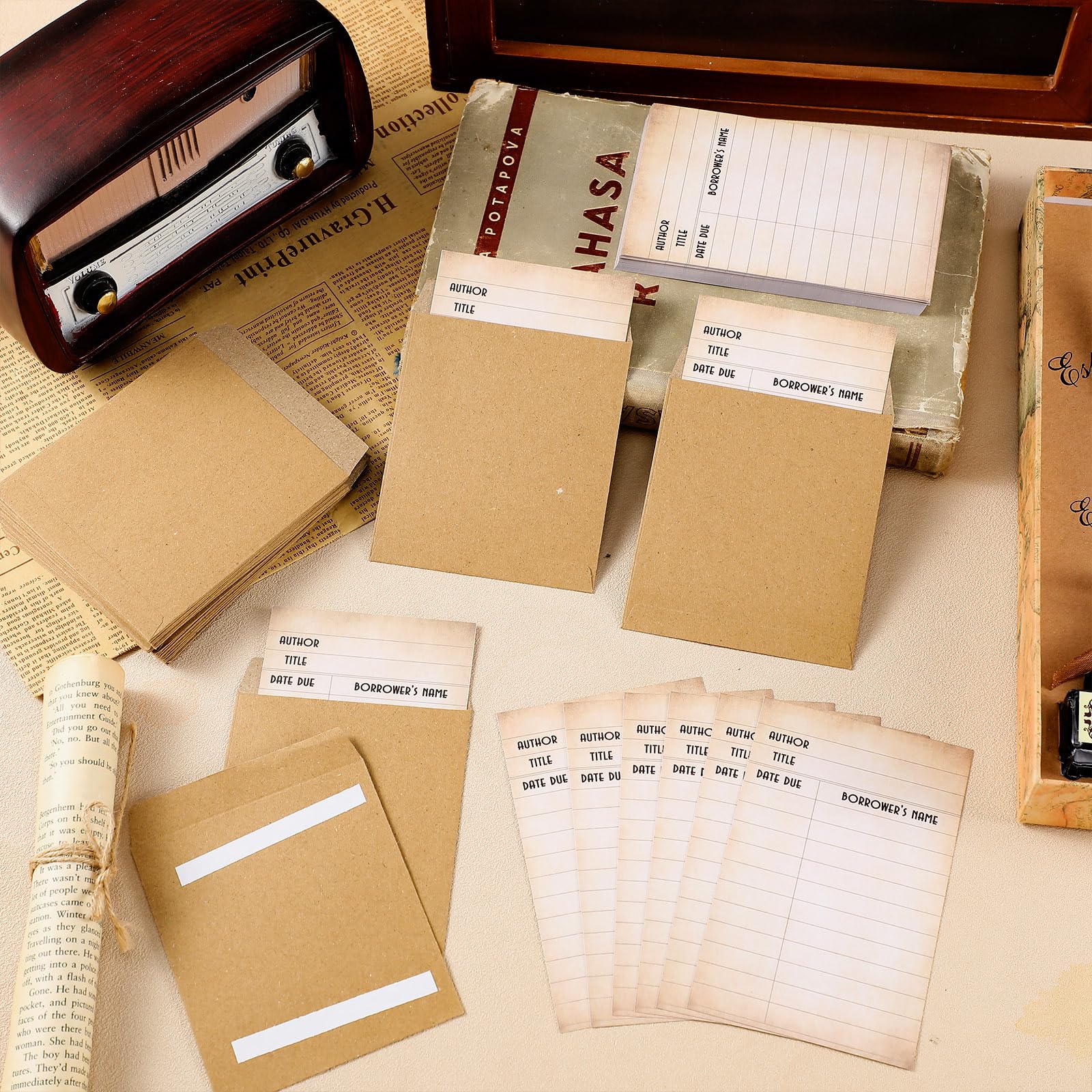 Roowest Set di 120 buste per libri e libri per pagamenti, catalogo pagamenti e buste autoadesive per biblioteca, buste per scuola (retrò)