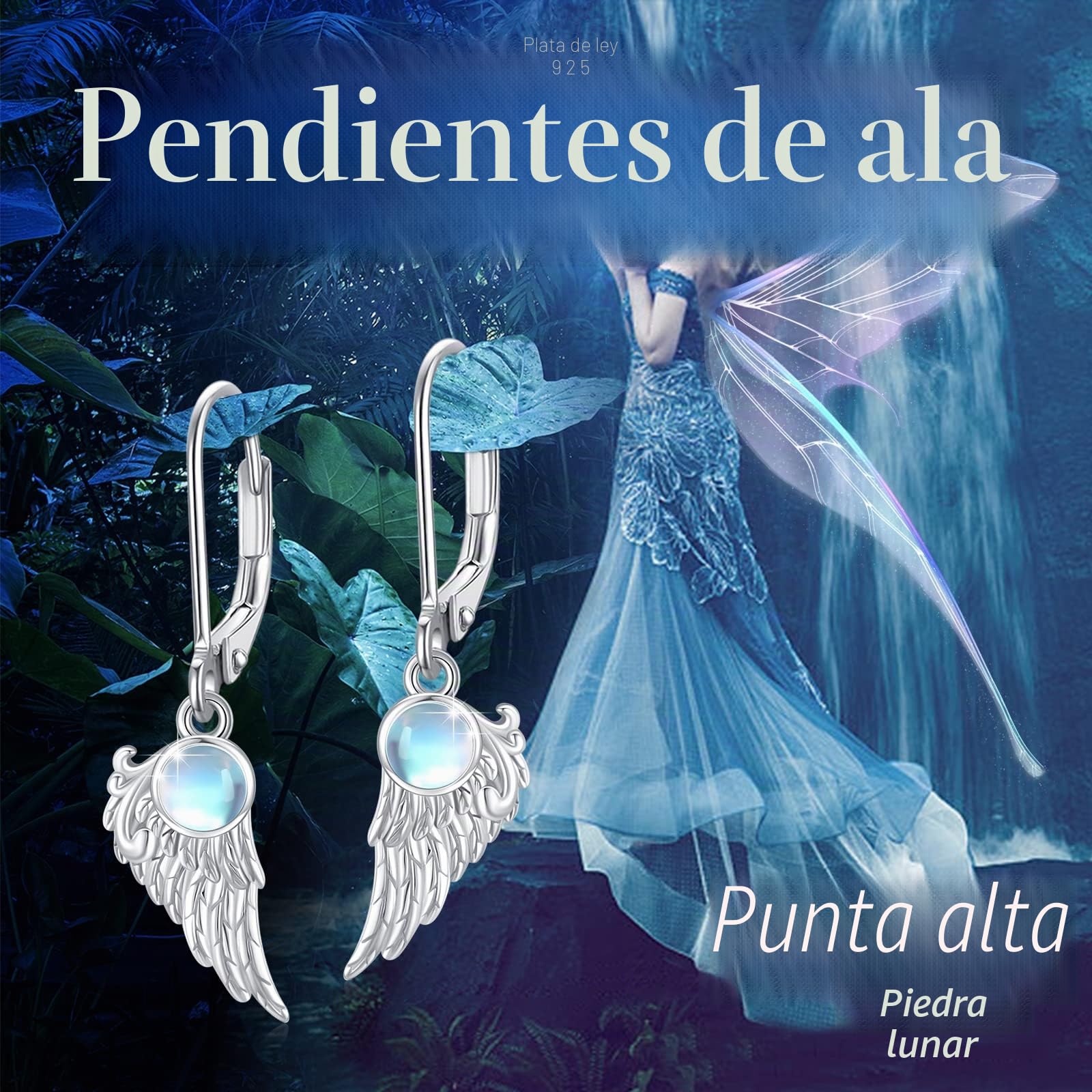 Pendientes de alas de ángel de plata de ley 925 con alas de ángel de la guarda, aretes colgantes de ángel de la guarda con piedra lunar, regalos de joyería para mujeres y niñas