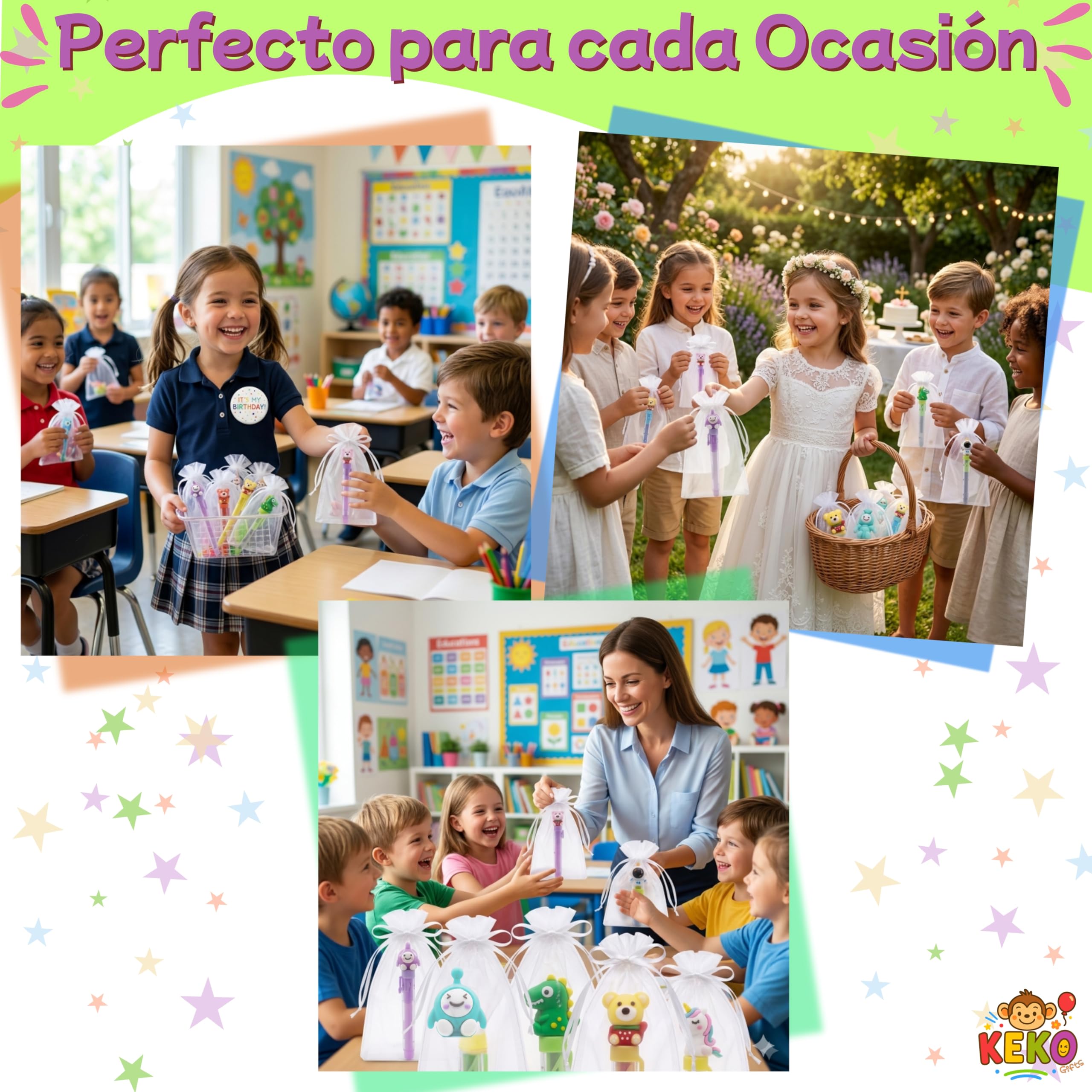 KeKo Pack 30 Gomas de Borrar Divertidas, 30 Bolsas,1 Chapa Cumpleañera, Pack Regalos Cumpleaños Niños Colegio, Detalles Cumpleaños Niños Infantil, Regalos Alumnos Primaria, Relleno Piñata Infantil