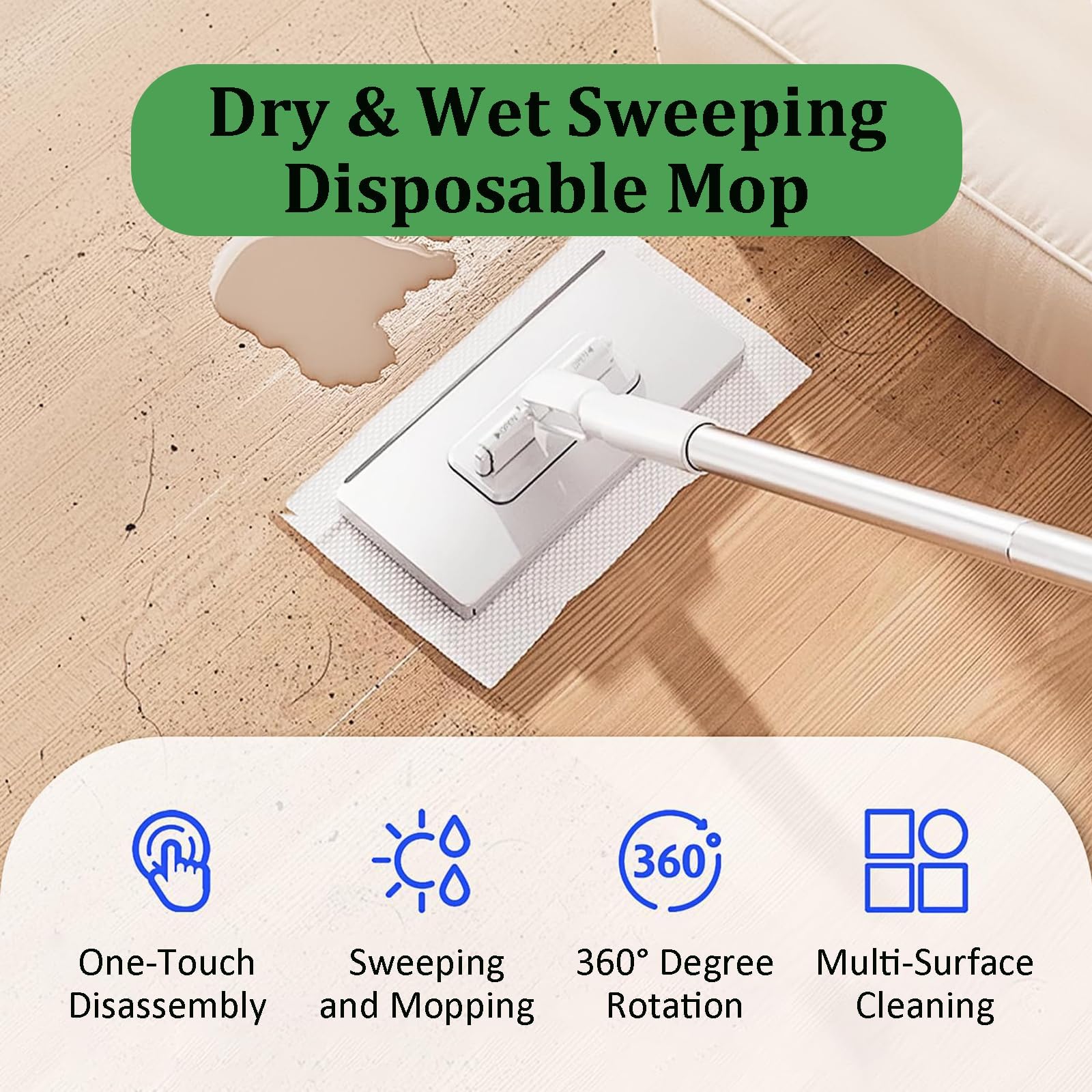 Sistema de fregona de polvo manos libres con 4 paños reutilizables, mini fregona compatible, cabezal giratorio de 360° para una limpieza eficiente del suelo, pared, baño y cocina
