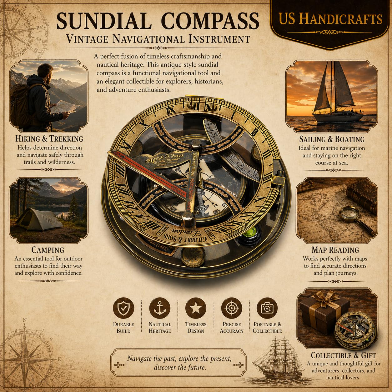Antique Maritime Decor: Personalized Pocket Sundial Compass - Nautical Decor for Home, for Him, Copper Sailboat Accessories, Engraved Compass Gift