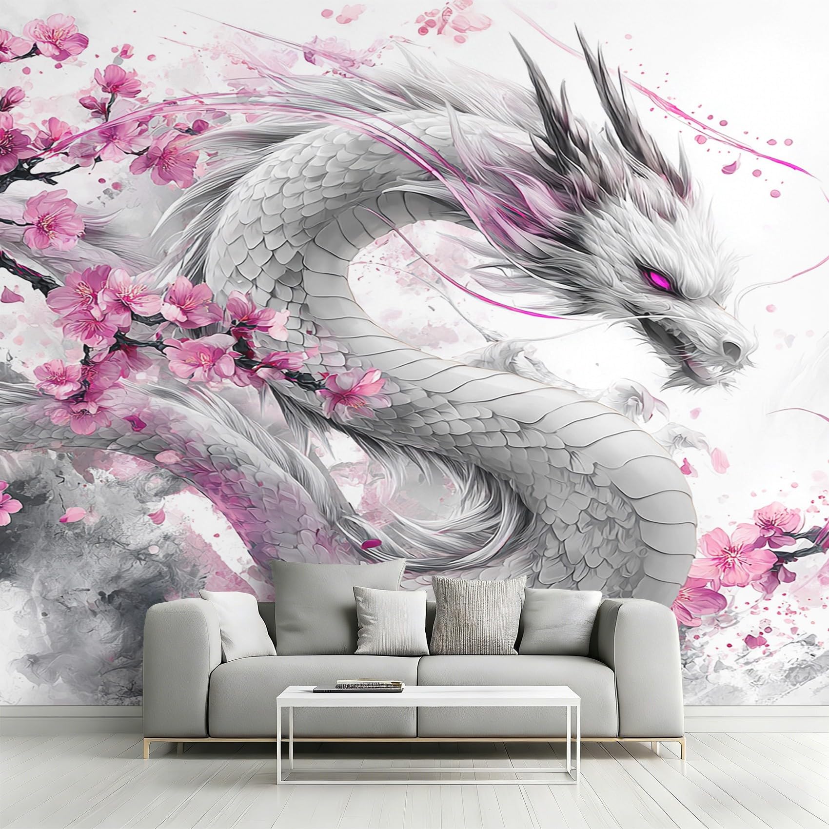 Générique Papier Peint Dragon Japonais Panoramique 310 x 250 cm, Papier Peint Intissé Fleur de Cerisier Animaux Fantastique Décoration Murale, Papiers Peints pour Salon Chambre saf-4