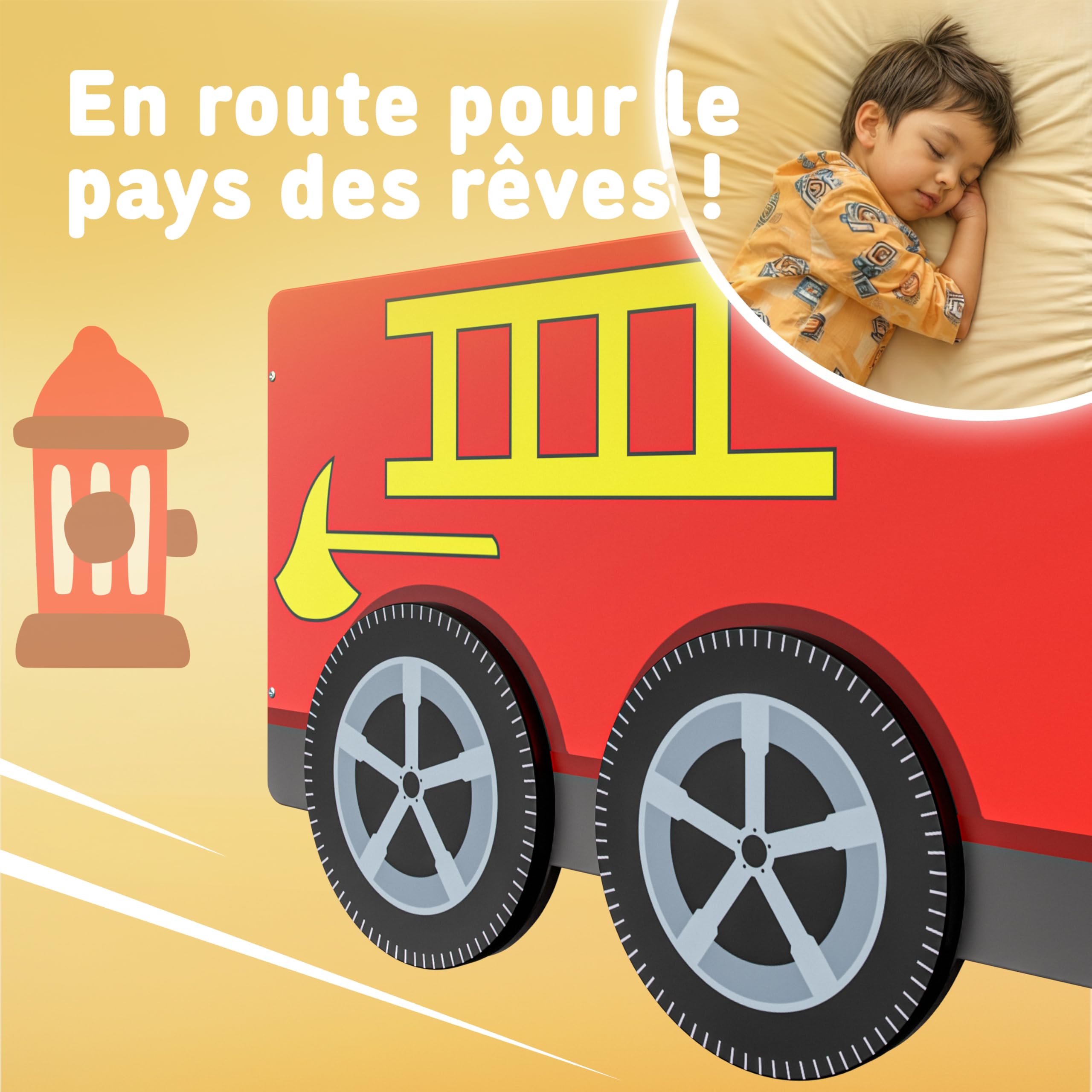Casaria® Lit Enfant Camion de Pompier 90x200 cm Rouge - Lit Voiture avec Sommier à Lattes Inclus, Barrières Anti-Chute, Gyrophare Lumineux & Volant - Lit Garçon Bois MDF