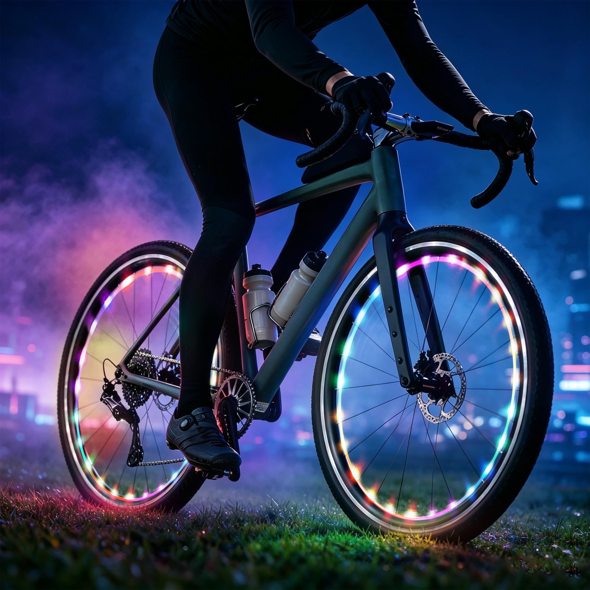 Lot de 2 lumières LED pour roue de vélo pour conduite de nuit (RGYB 4 couleurs) fixe | Lot de 2 éclairages LED, roue de vélo, visibilité nocturne, accessoire de vélo